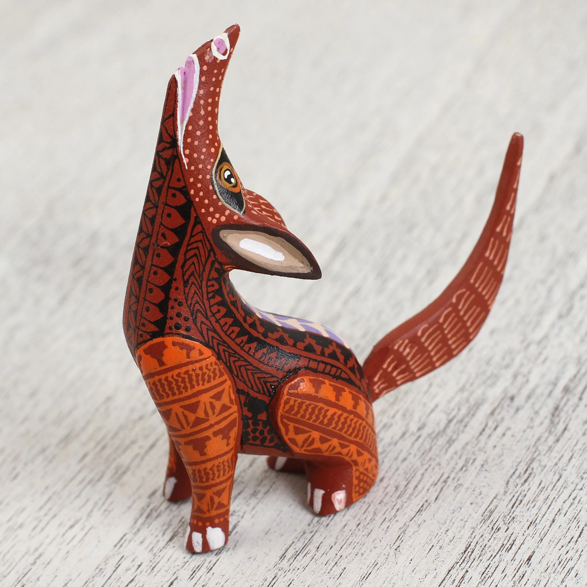 Fascinating Coyote Wood Alebrije Coyote Figurine in Red and Orange from Mexico - Image 3