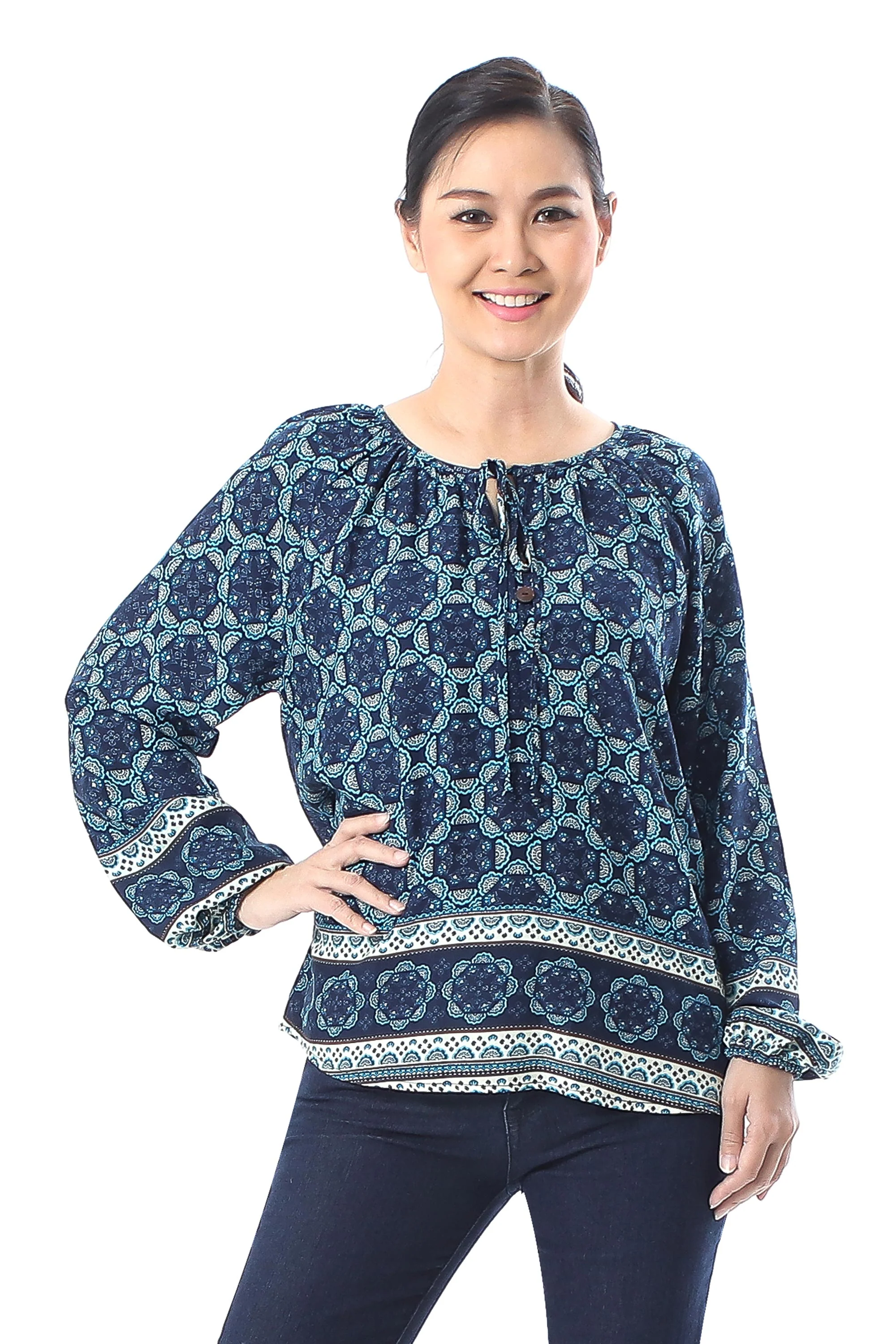 Fascinating Evening Floral Motif Rayon Blouse in Blue from Thailand - Image 3