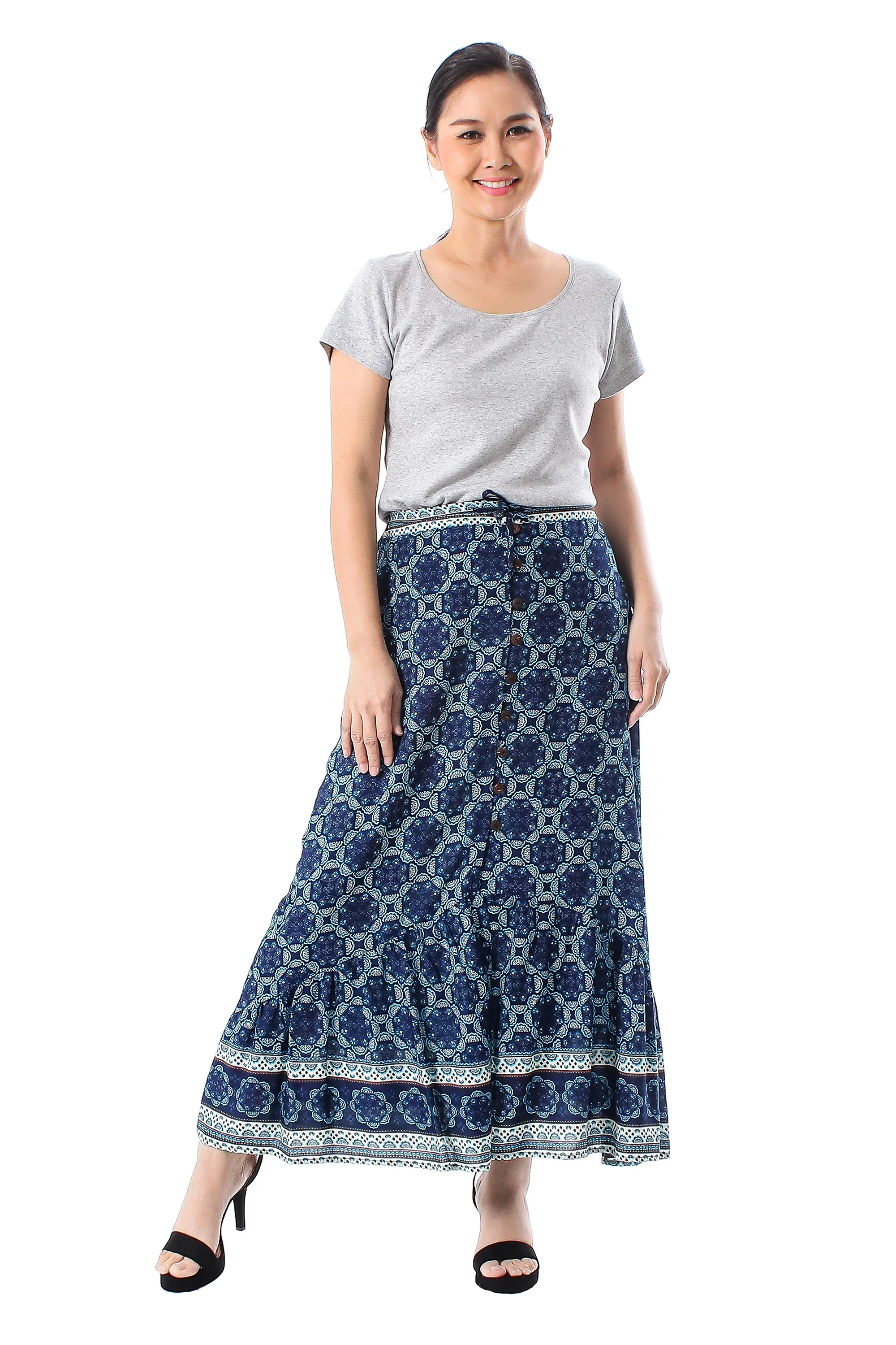 Fascinating Evening Floral Motif Rayon Skirt in Blue from Thailand - Image 2