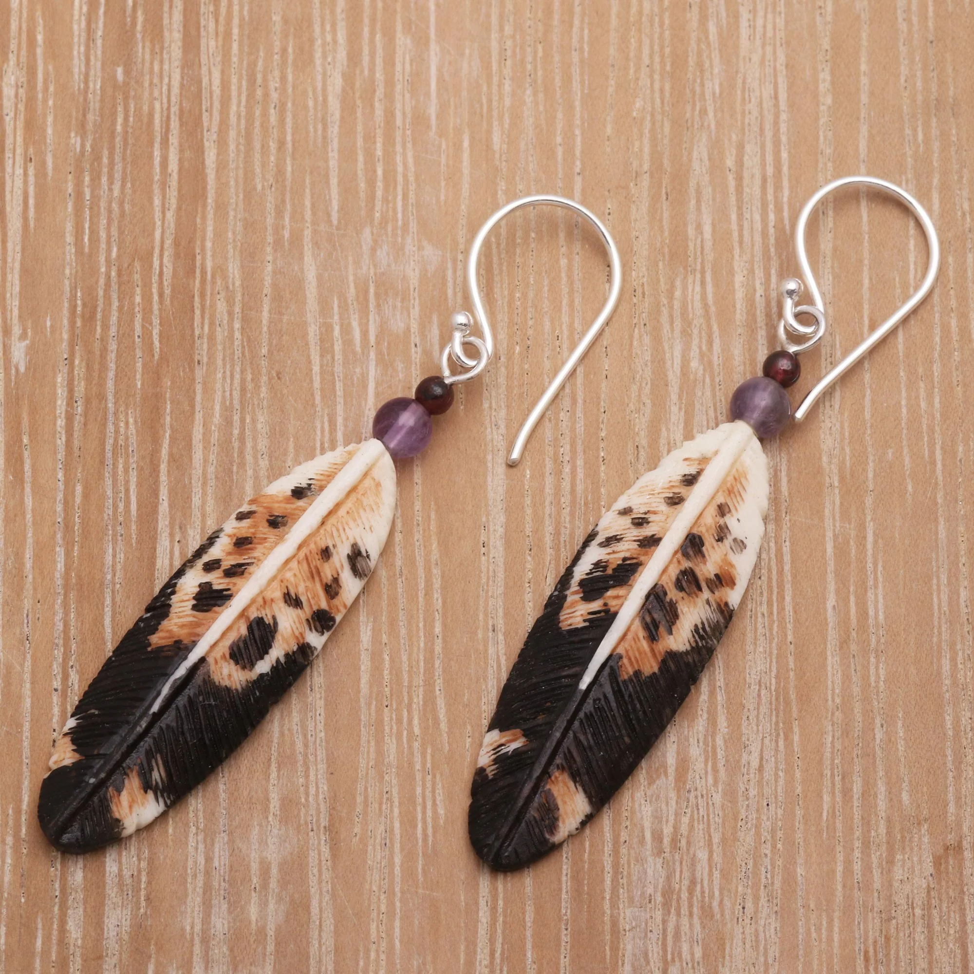 Fascinating Feathers Feather-Shaped Bone and Amethyst Dangle Earrings from Bali - Image 4