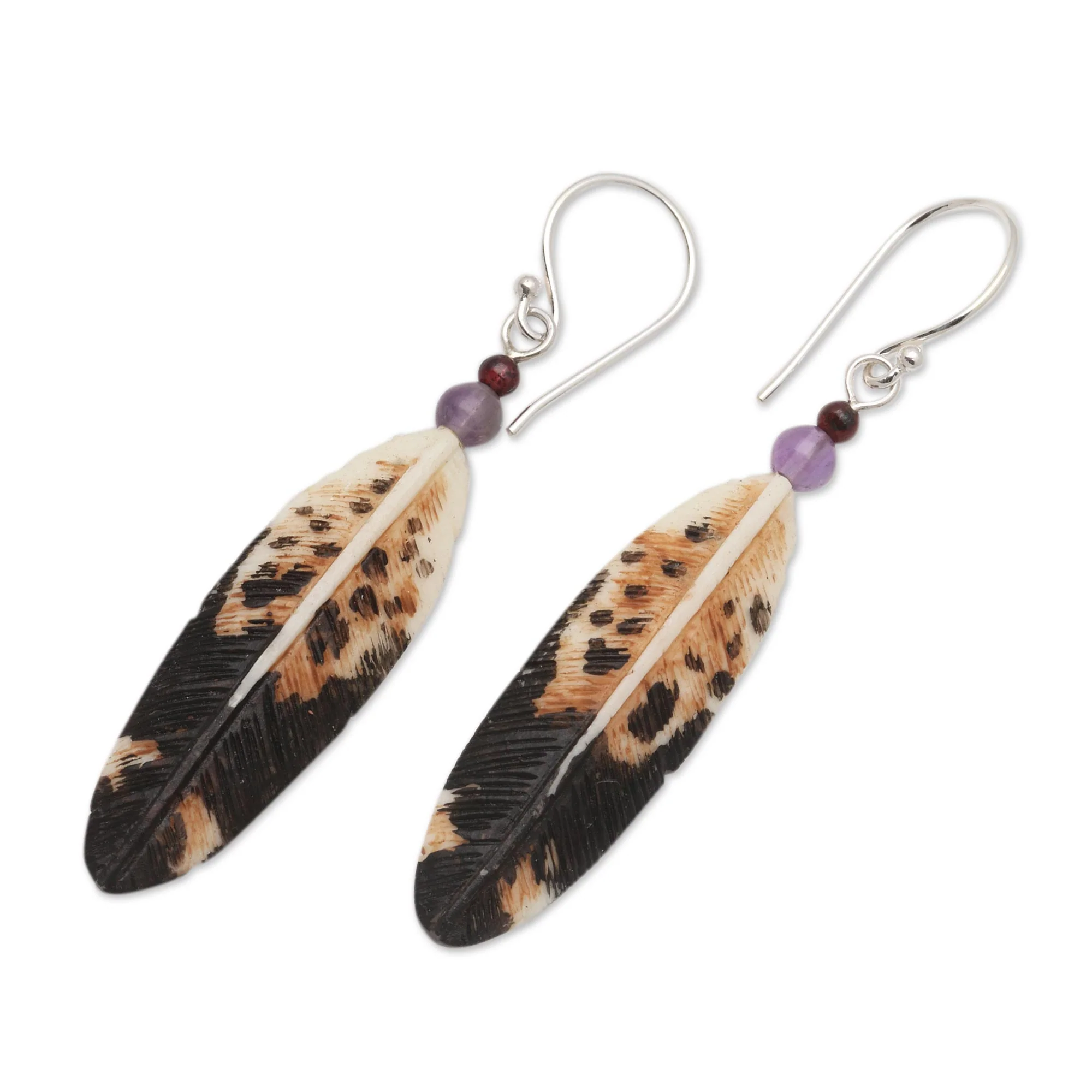 Fascinating Feathers Feather-Shaped Bone and Amethyst Dangle Earrings from Bali - Image 5
