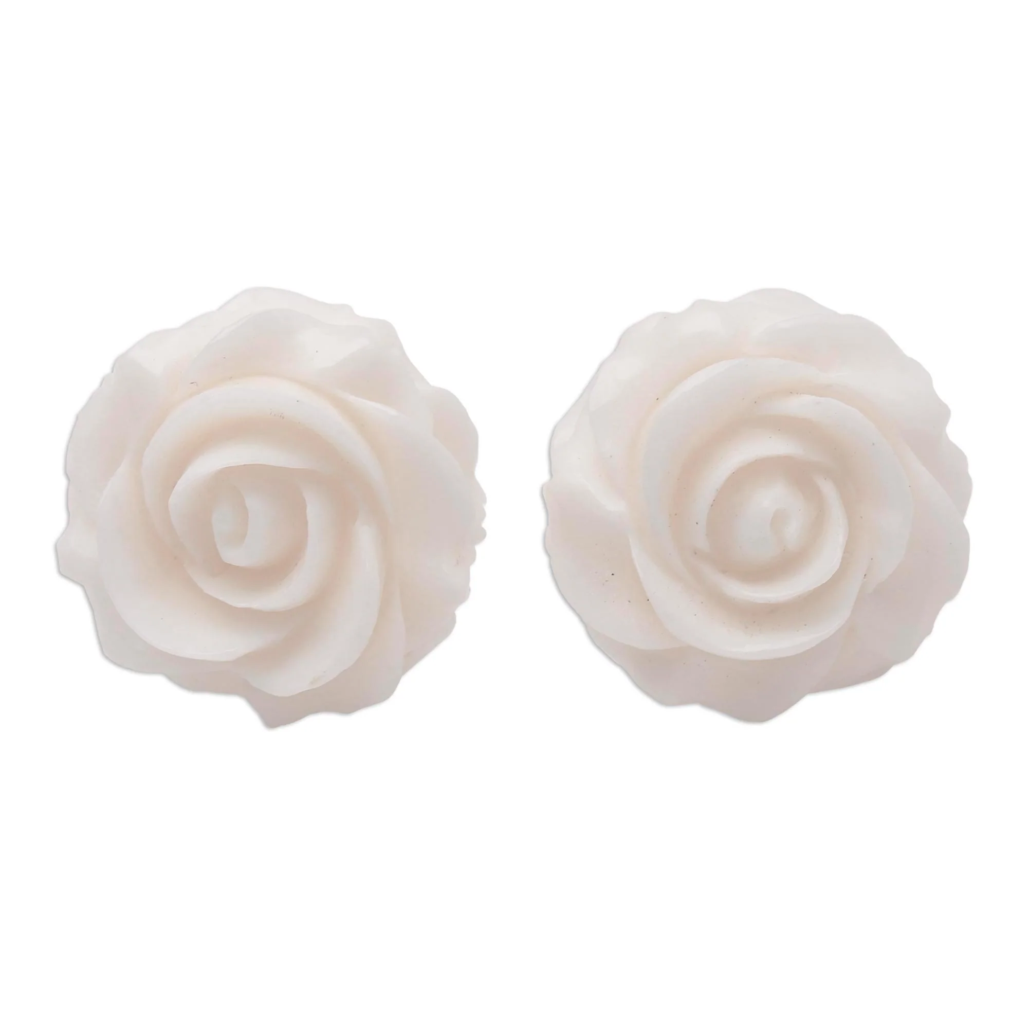 Fascinating Roses Hand-Carved Bone Rose Button Earrings from Bali - Image 2