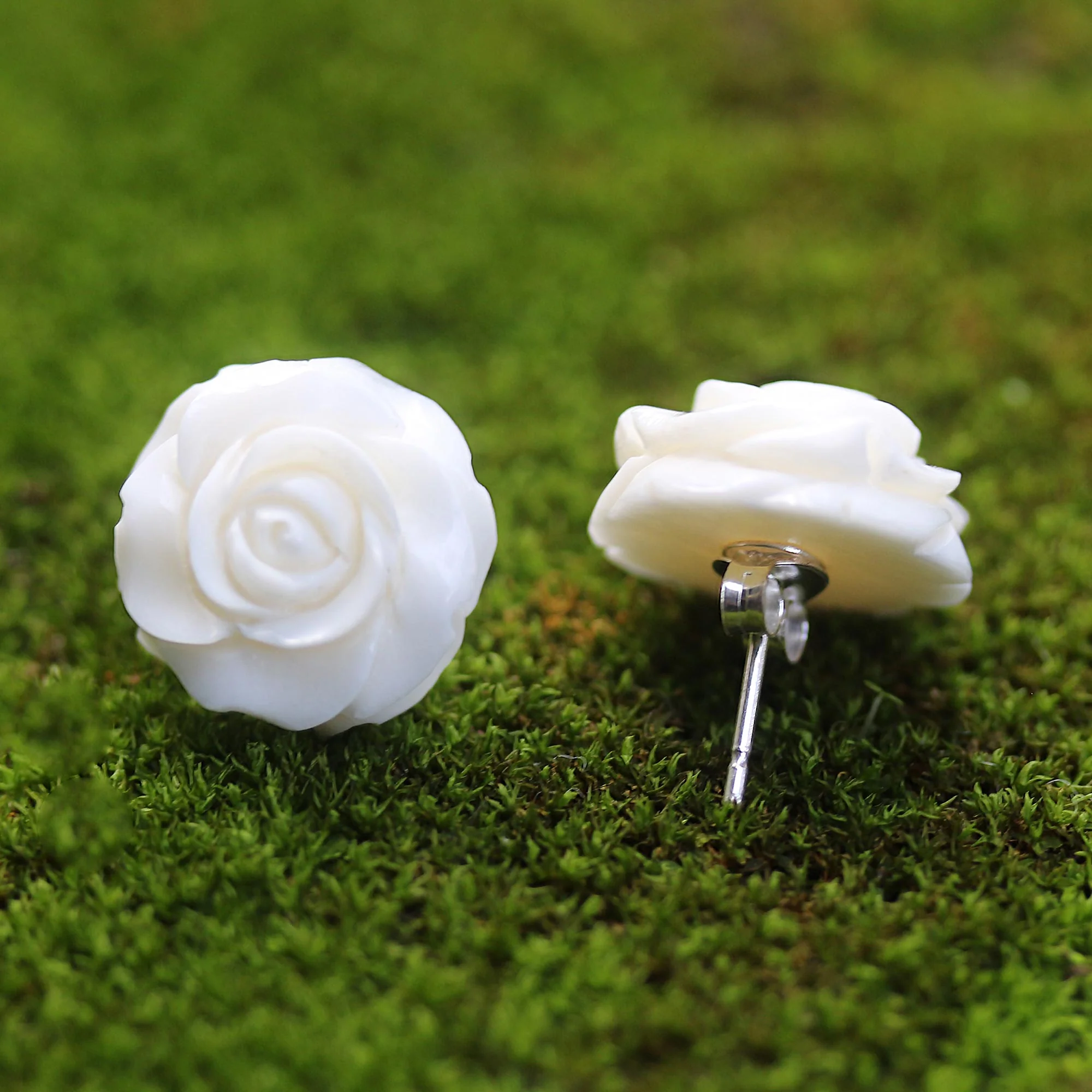 Fascinating Roses Hand-Carved Bone Rose Button Earrings from Bali - Image 3