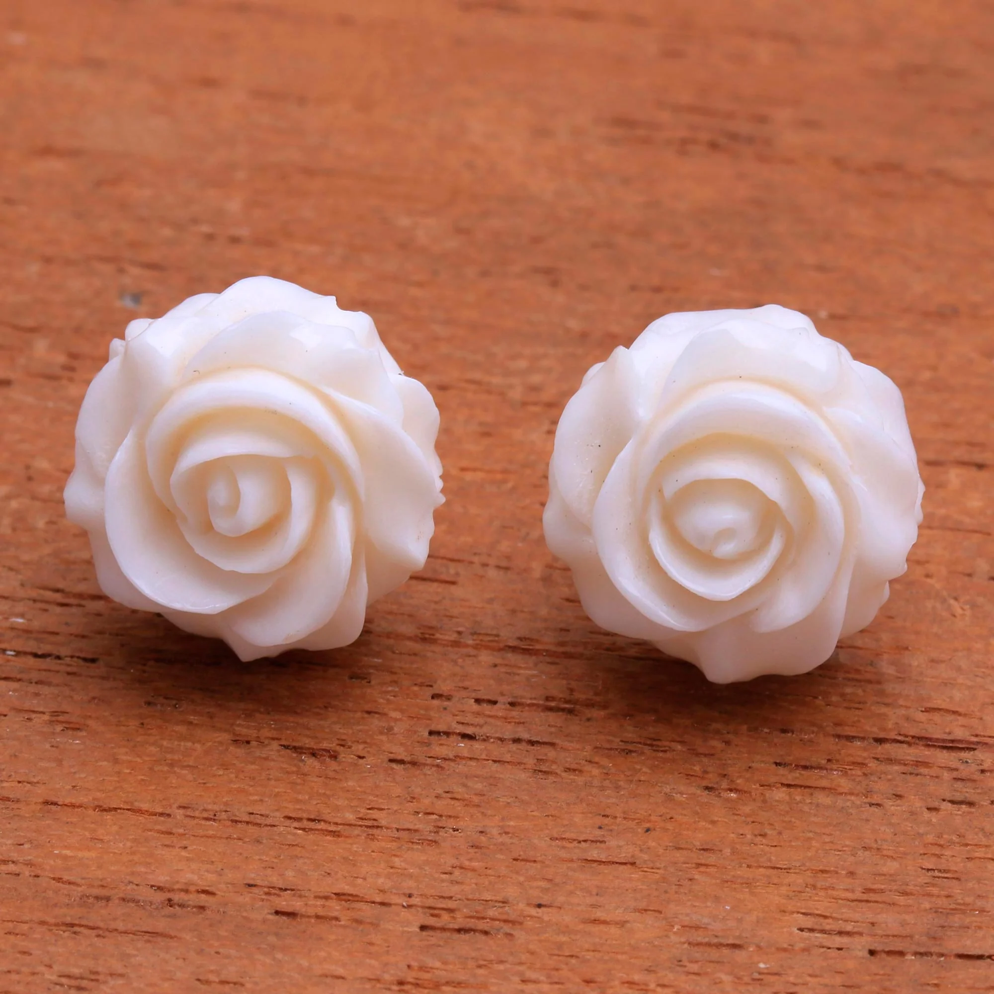 Fascinating Roses Hand-Carved Bone Rose Button Earrings from Bali - Image 4
