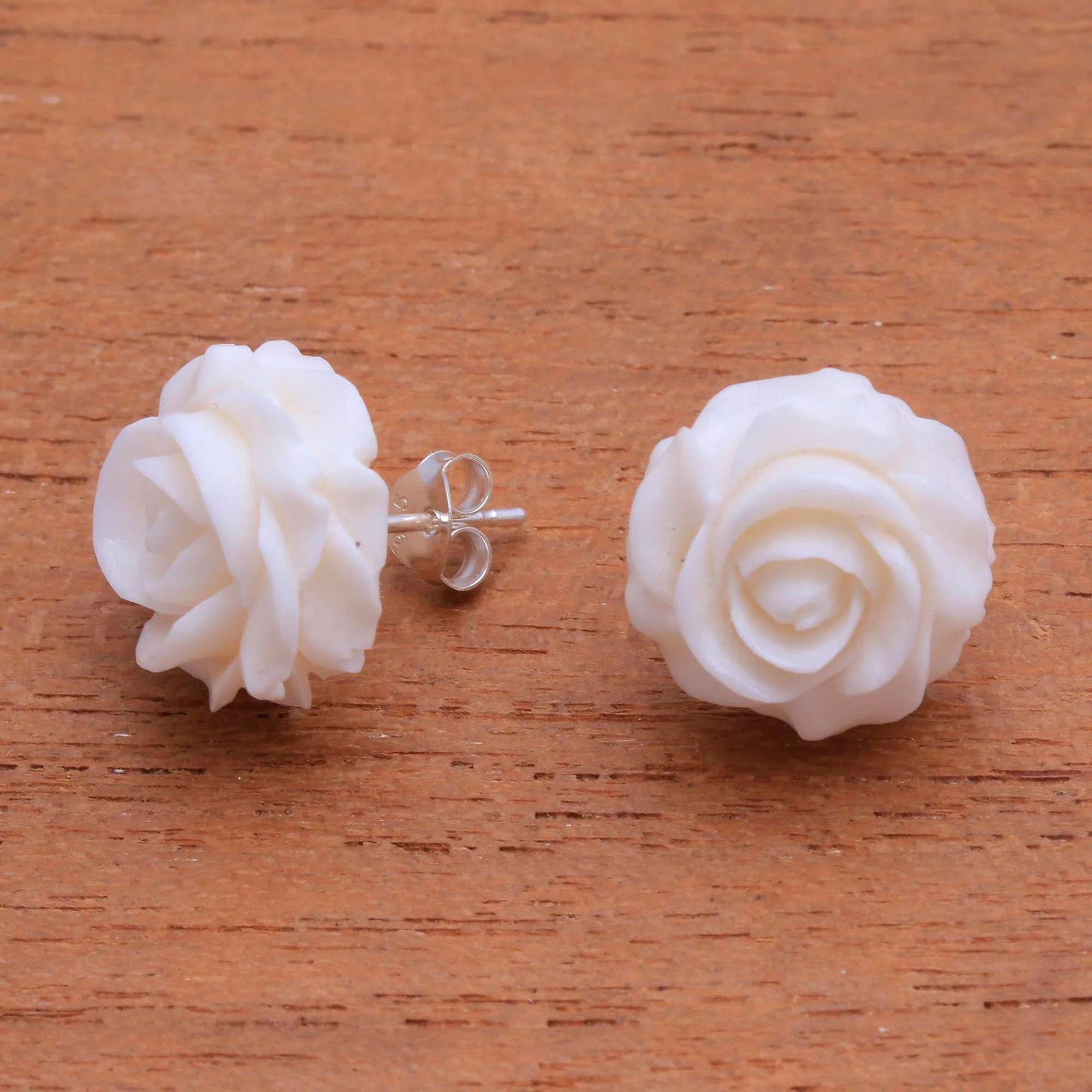 Fascinating Roses Hand-Carved Bone Rose Button Earrings from Bali - Image 5