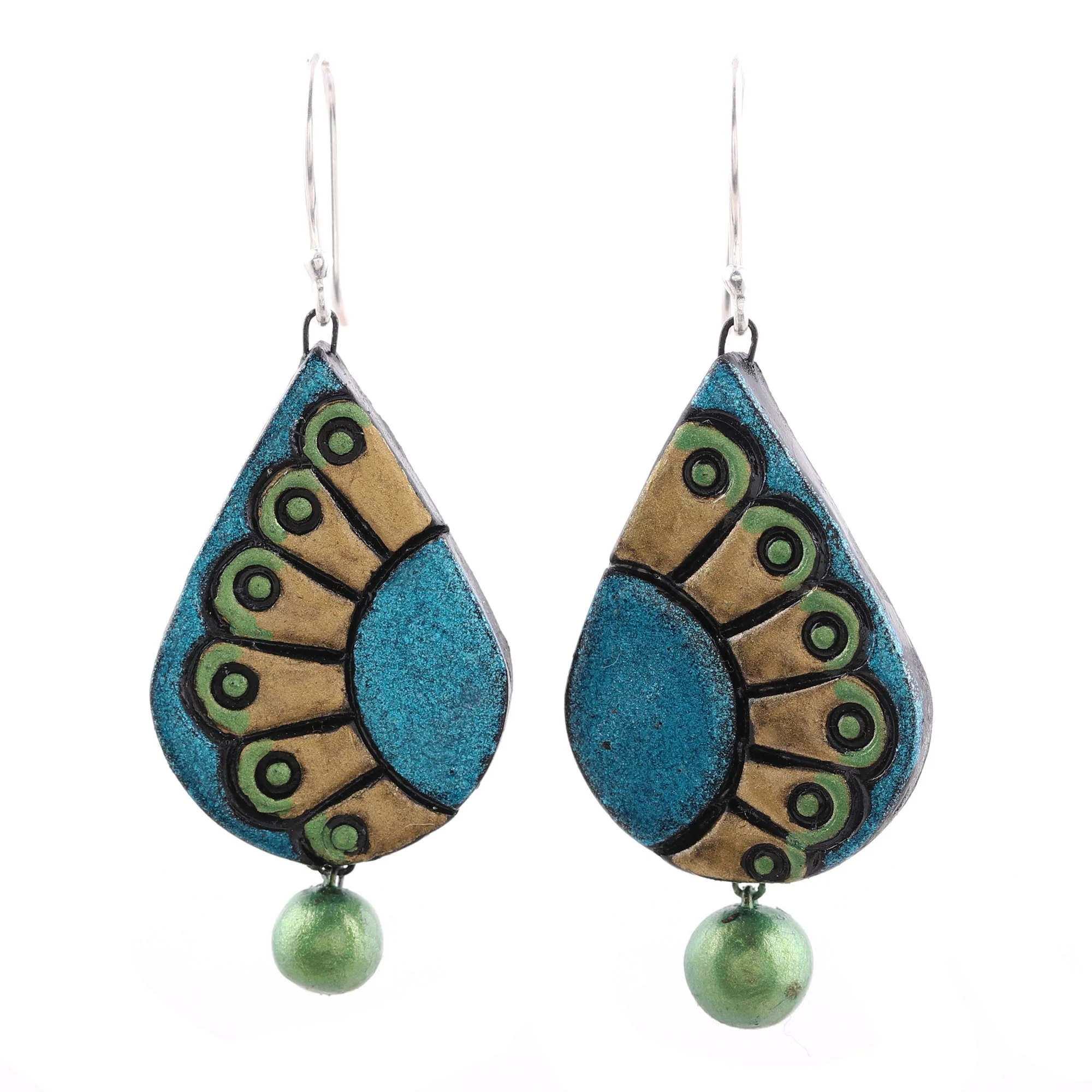 Feather Droplet Hand-Painted Droplet Ceramic Dangle Earrings from India - Image 2