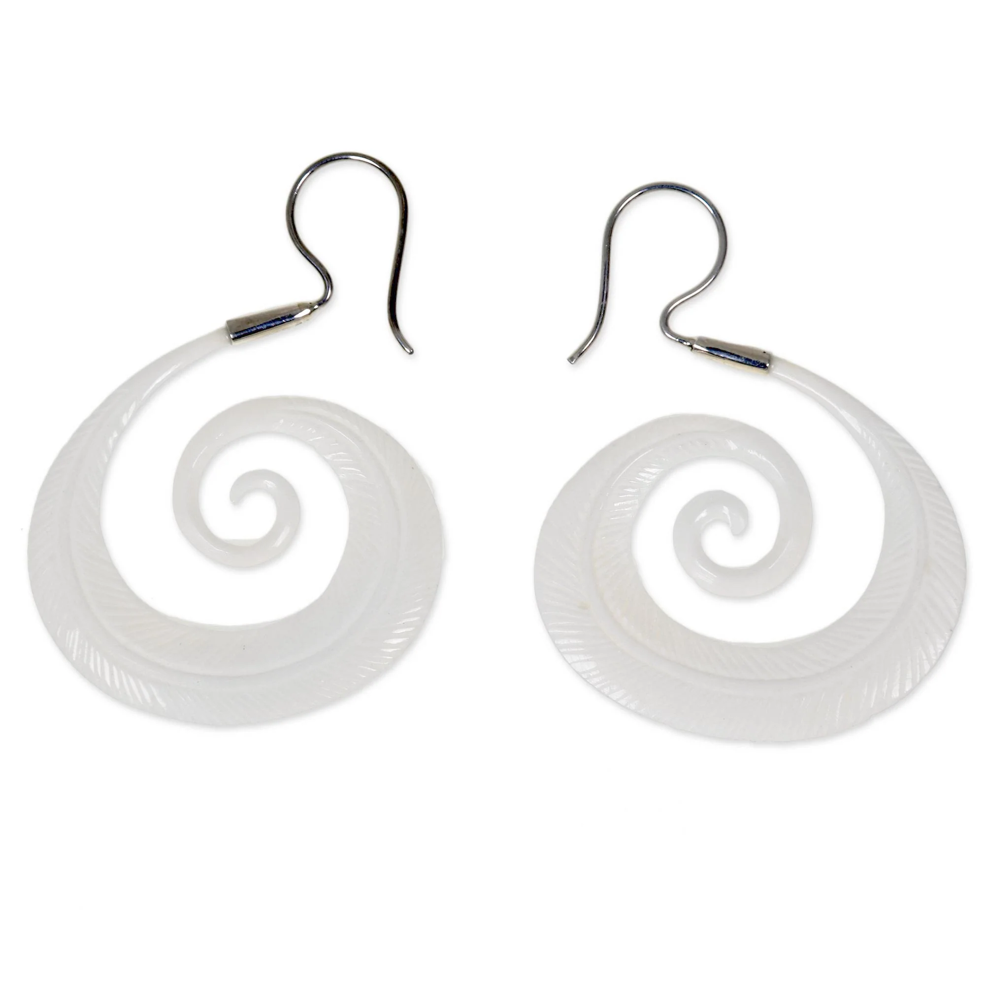 Feather Spiral Silver Hook Hand Carved Bone Earrings with Feather Theme - Image 2