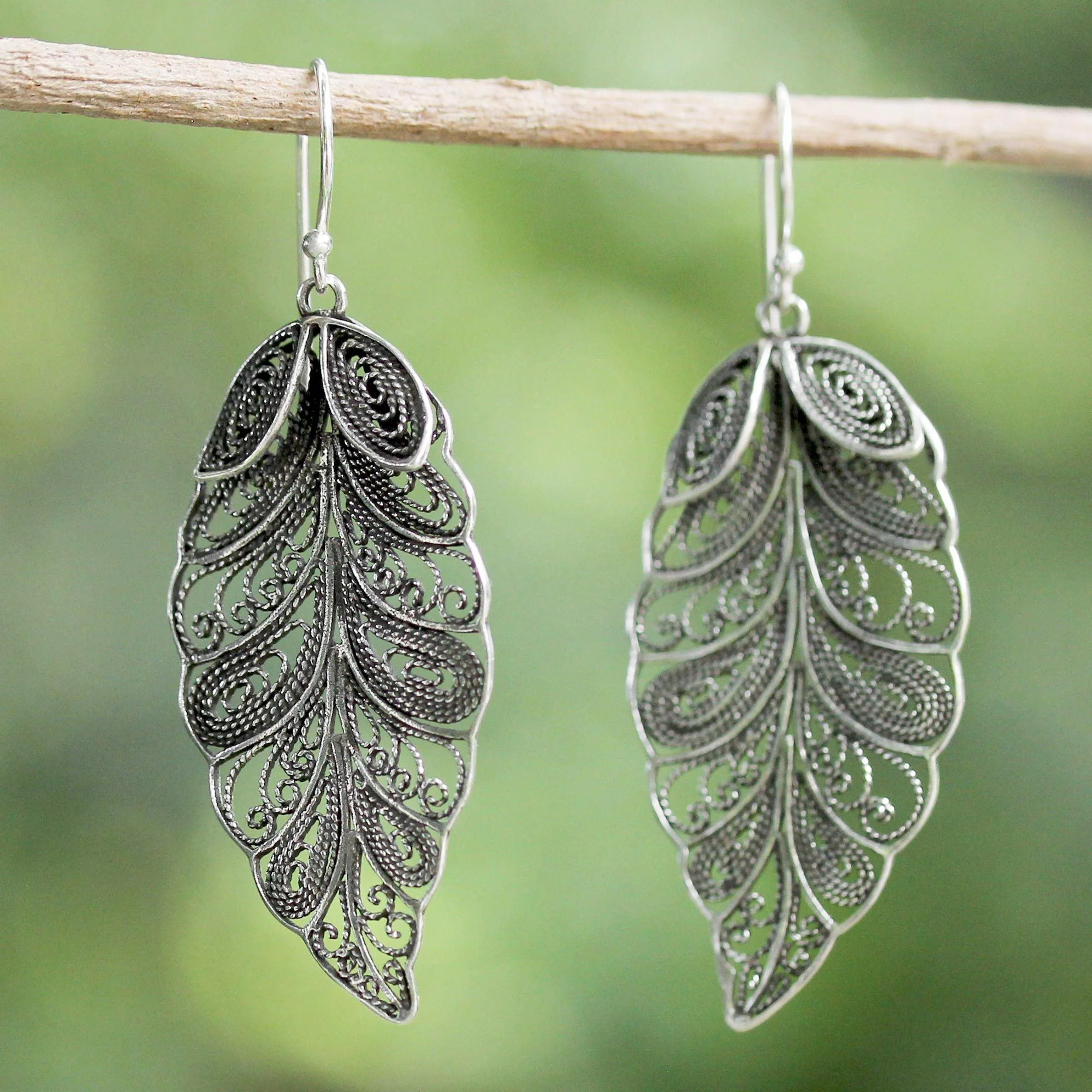 Feathered Leaves Sterling Silver Dangle Earrings - Image 2