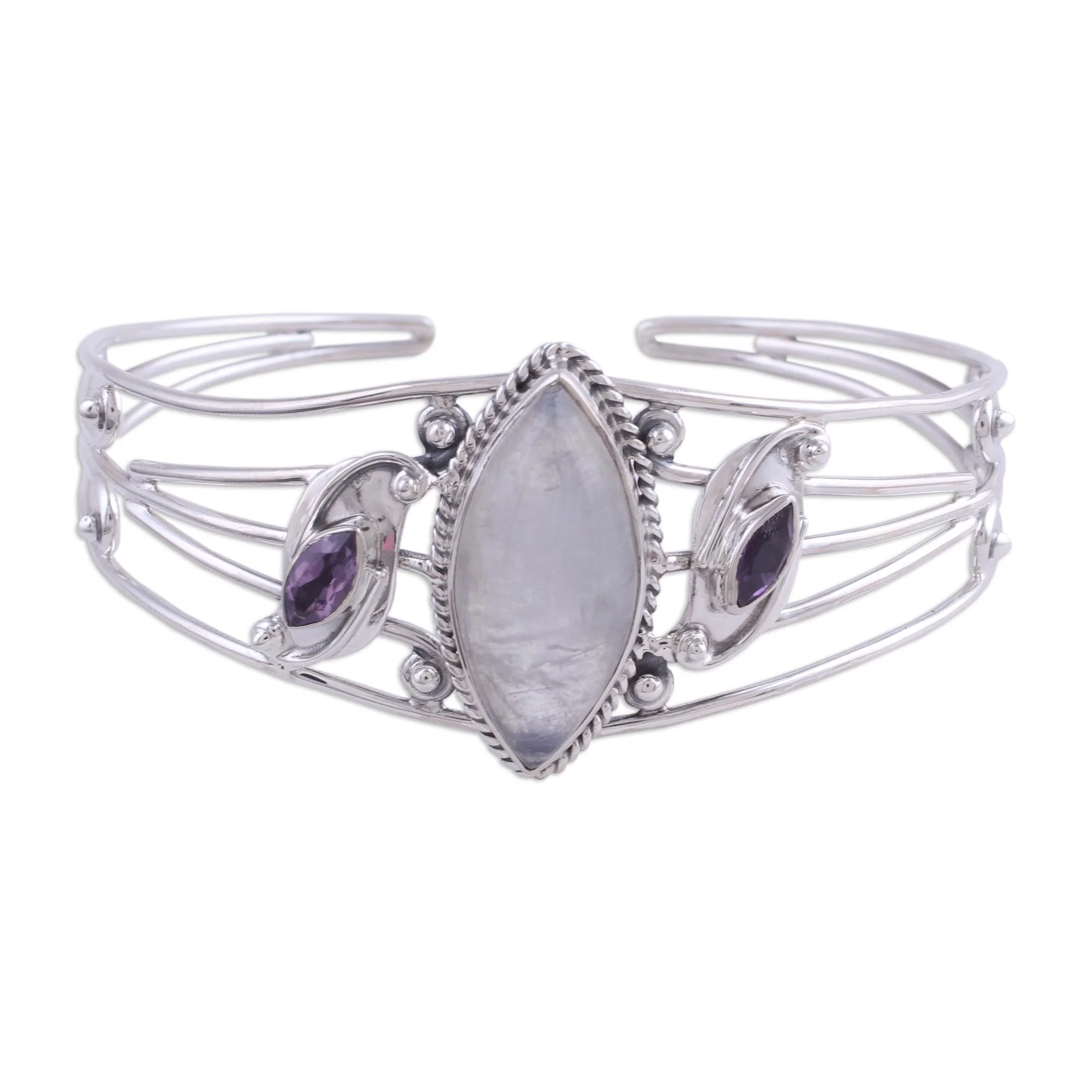 Feminine Glow Rainbow Moonstone and Amethyst Cuff Bracelet from India - Image 2