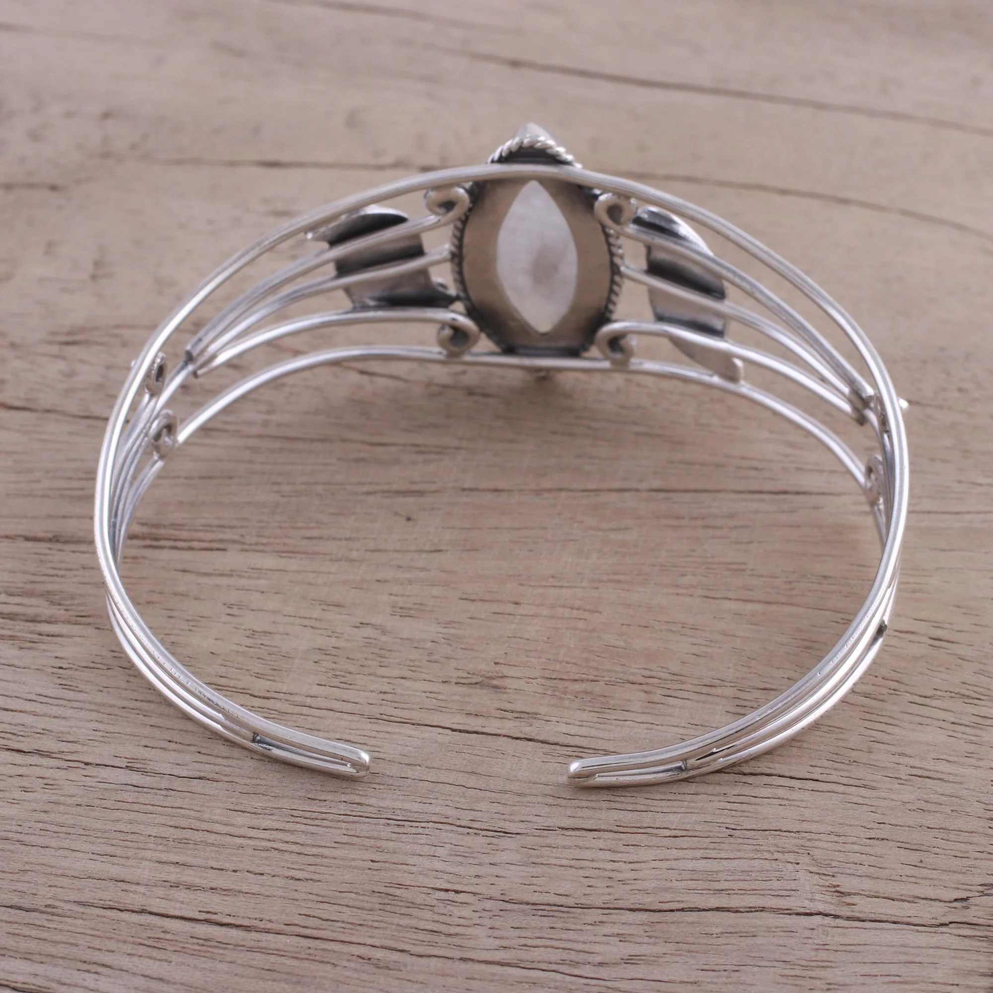 Feminine Glow Rainbow Moonstone and Amethyst Cuff Bracelet from India - Image 4