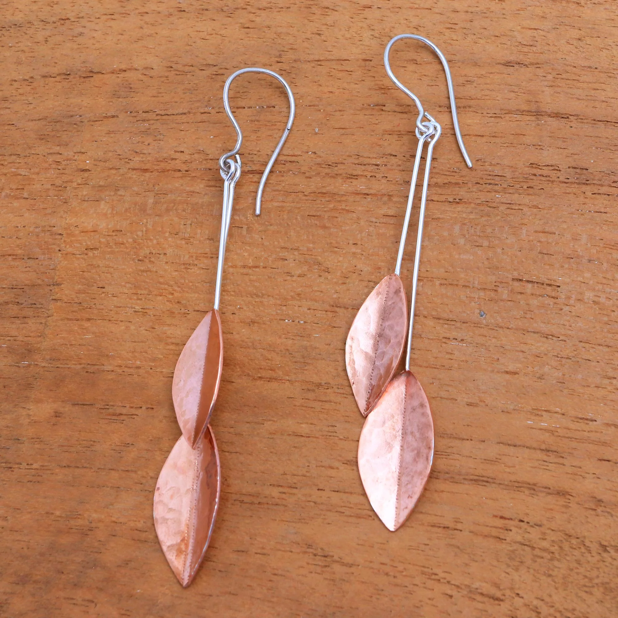 Feminine Leaves Rose Gold Accent Sterling Silver Leaf Dangle Earrings - Image 3