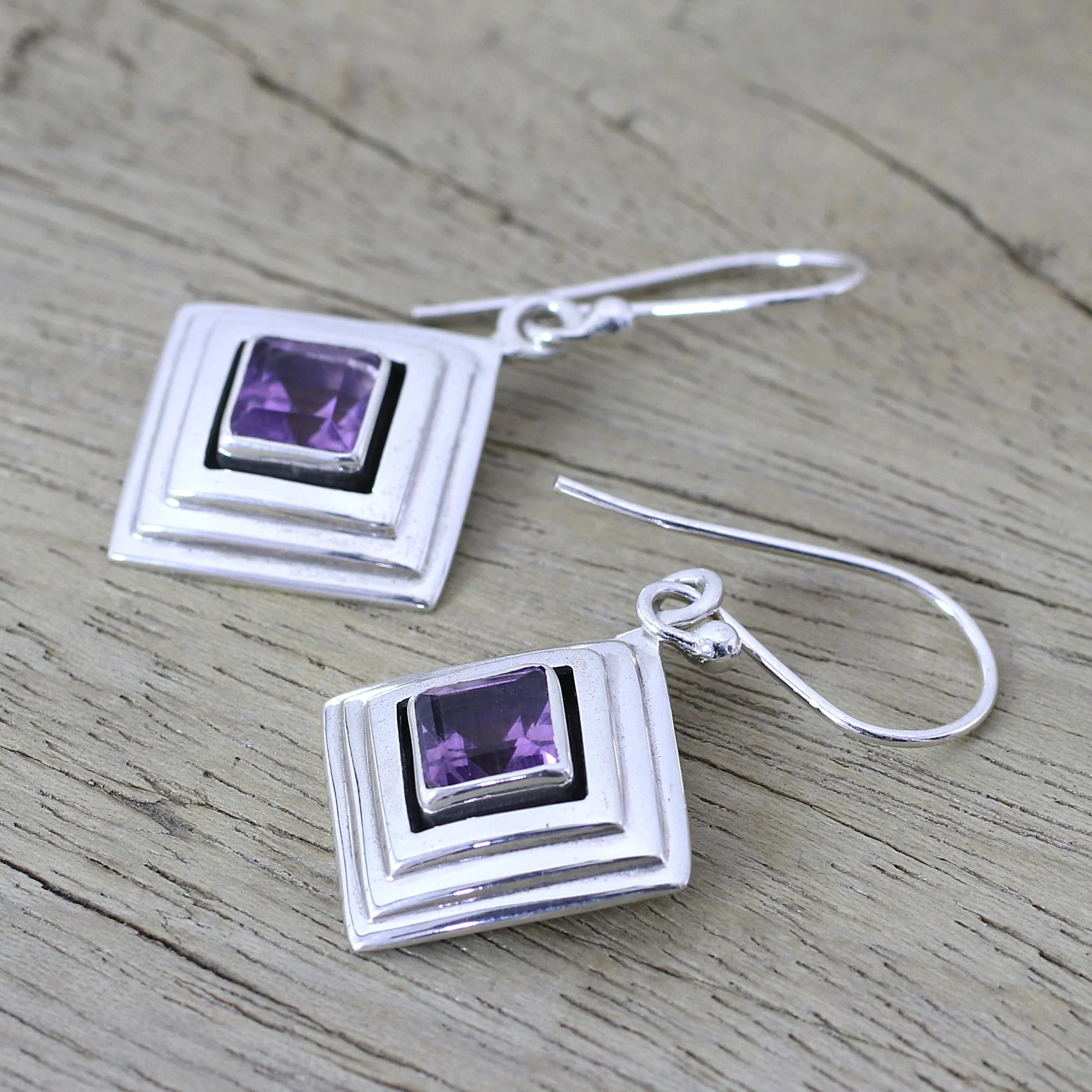 Feminine Purple Amethyst and Sterling Silver Modern Earrings from India - Image 3