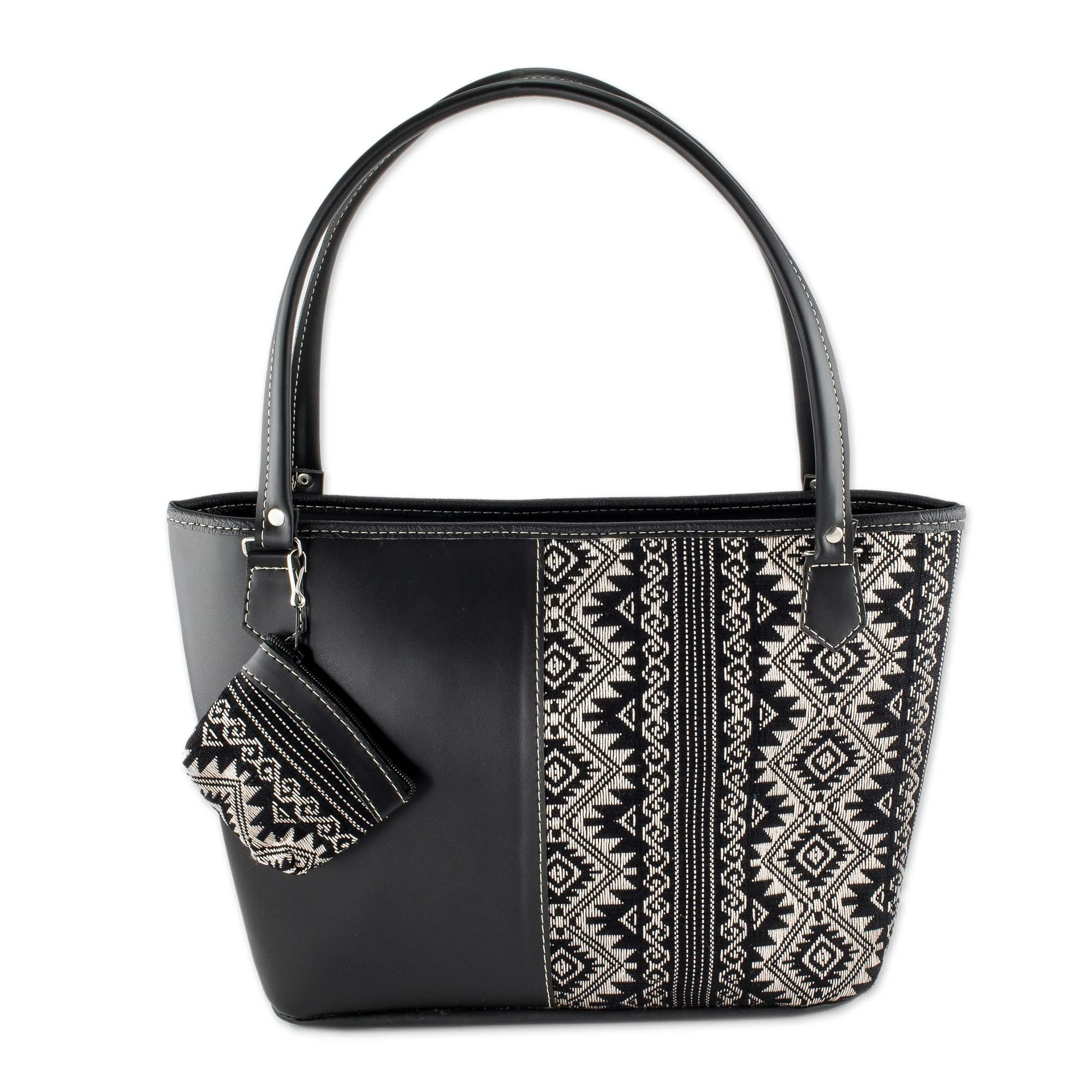 Feminine Subtlety in Black Black and Beige Cotton and Faux Leather Shoulder Bag - Image 2
