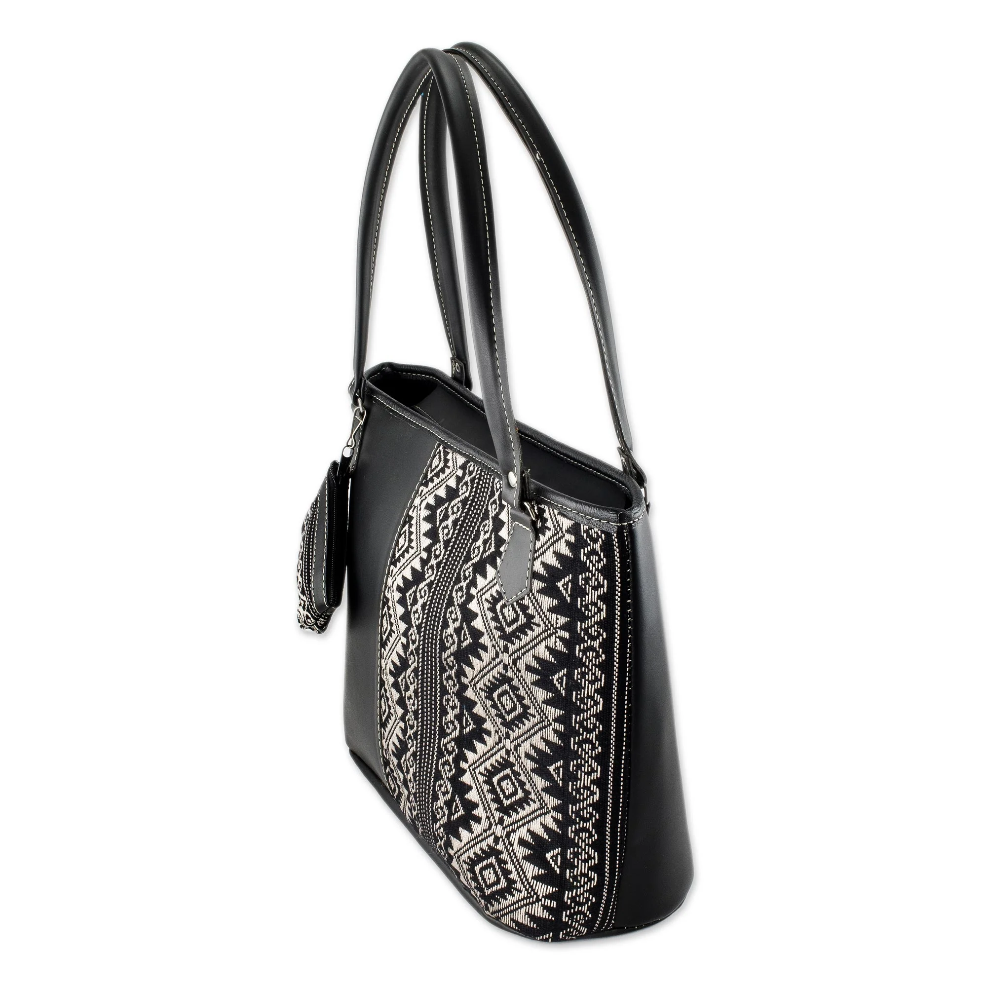 Feminine Subtlety in Black Black and Beige Cotton and Faux Leather Shoulder Bag - Image 4