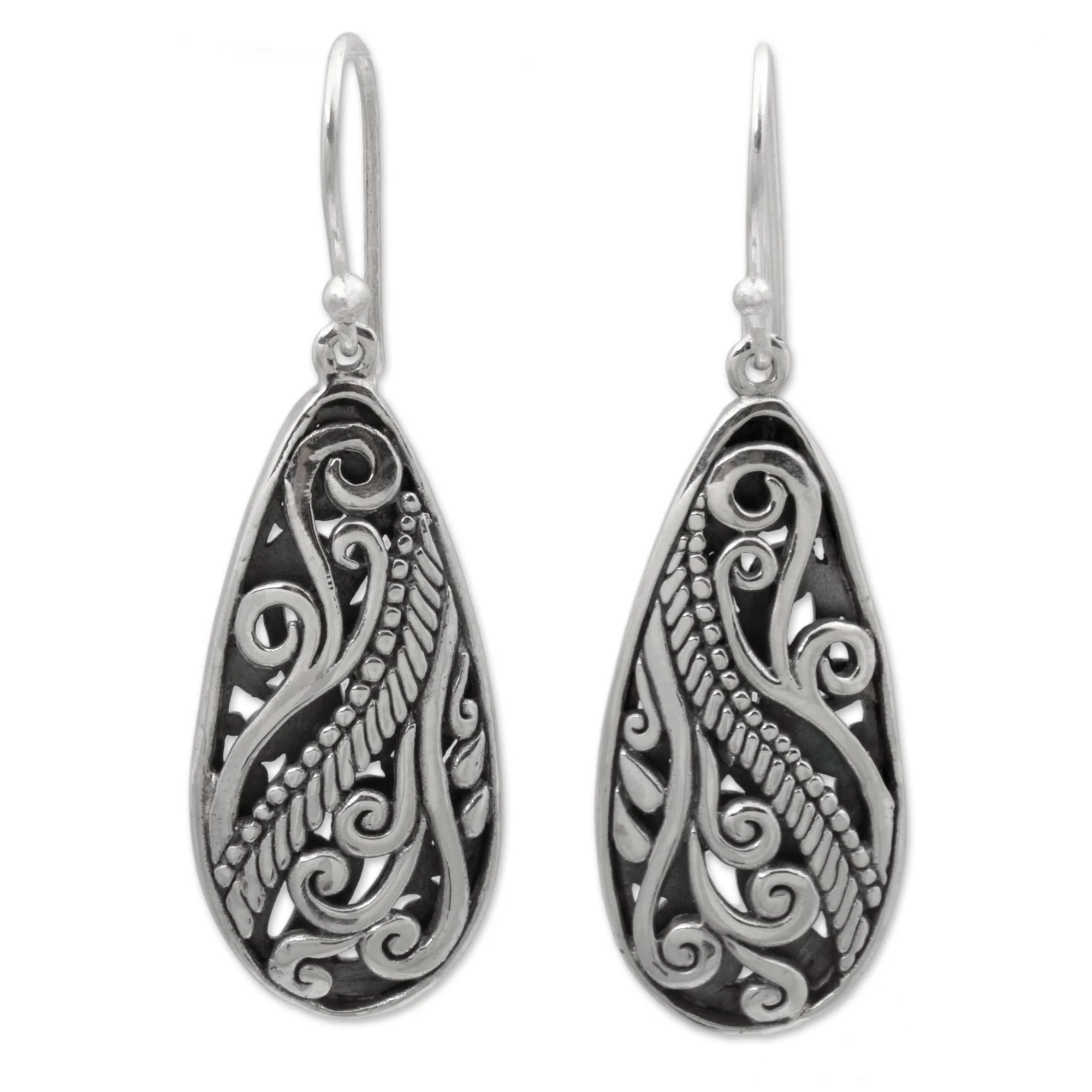 Fern Drops Sterling Silver Dangle Earrings Handmade in Indonesia - Image 2