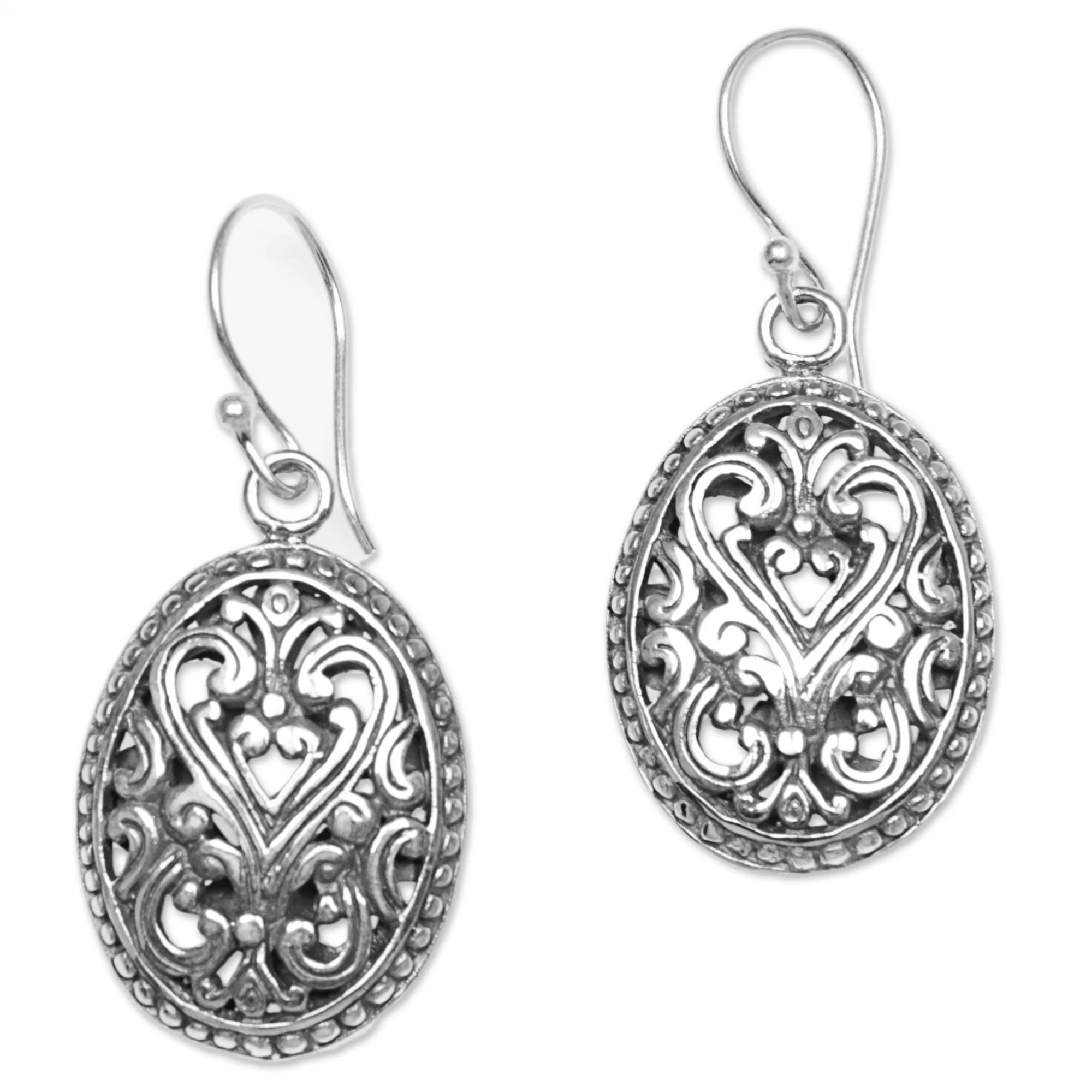 Fern Shield Round Sterling Silver Dangle Earrings from Indonesia - Image 2