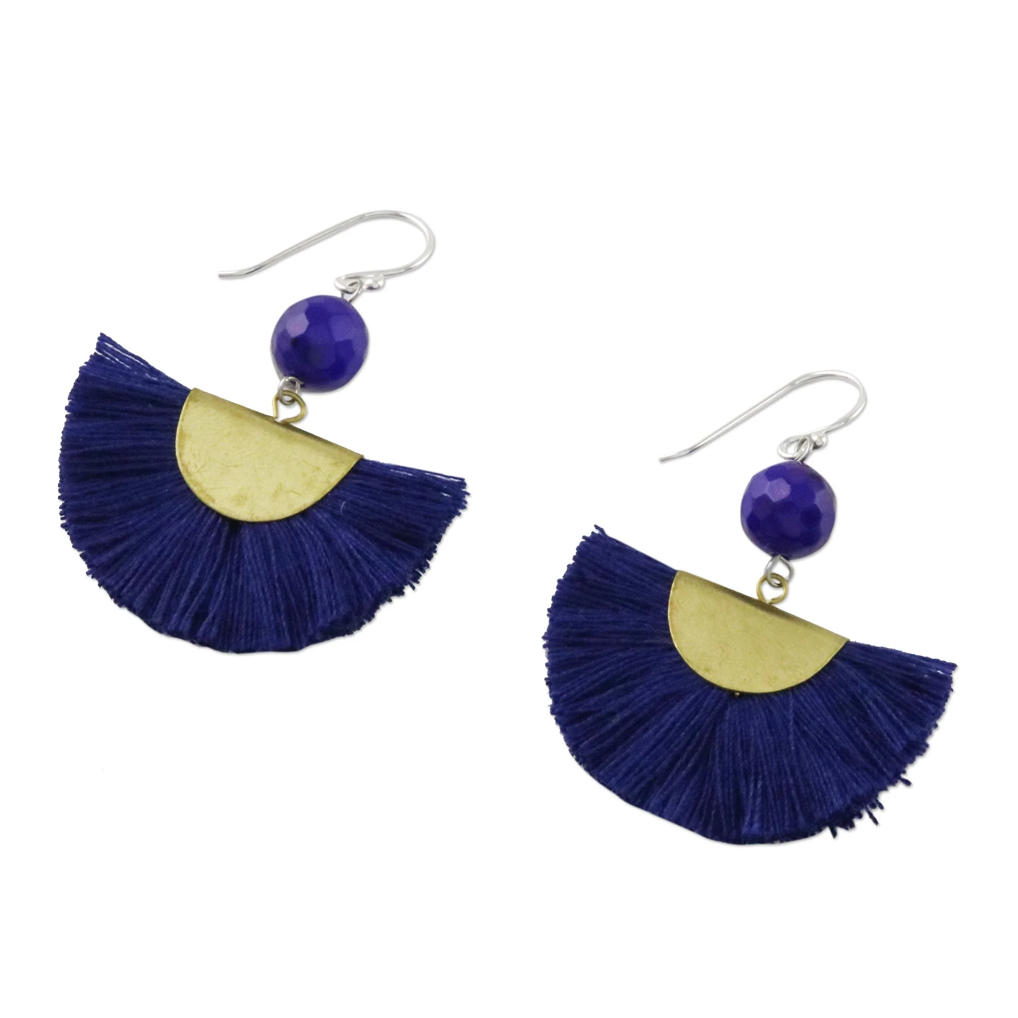 Festival in Ultramarine Quartz and Brass Bead Dangle Earrings with Cotton Fringe - Image 4