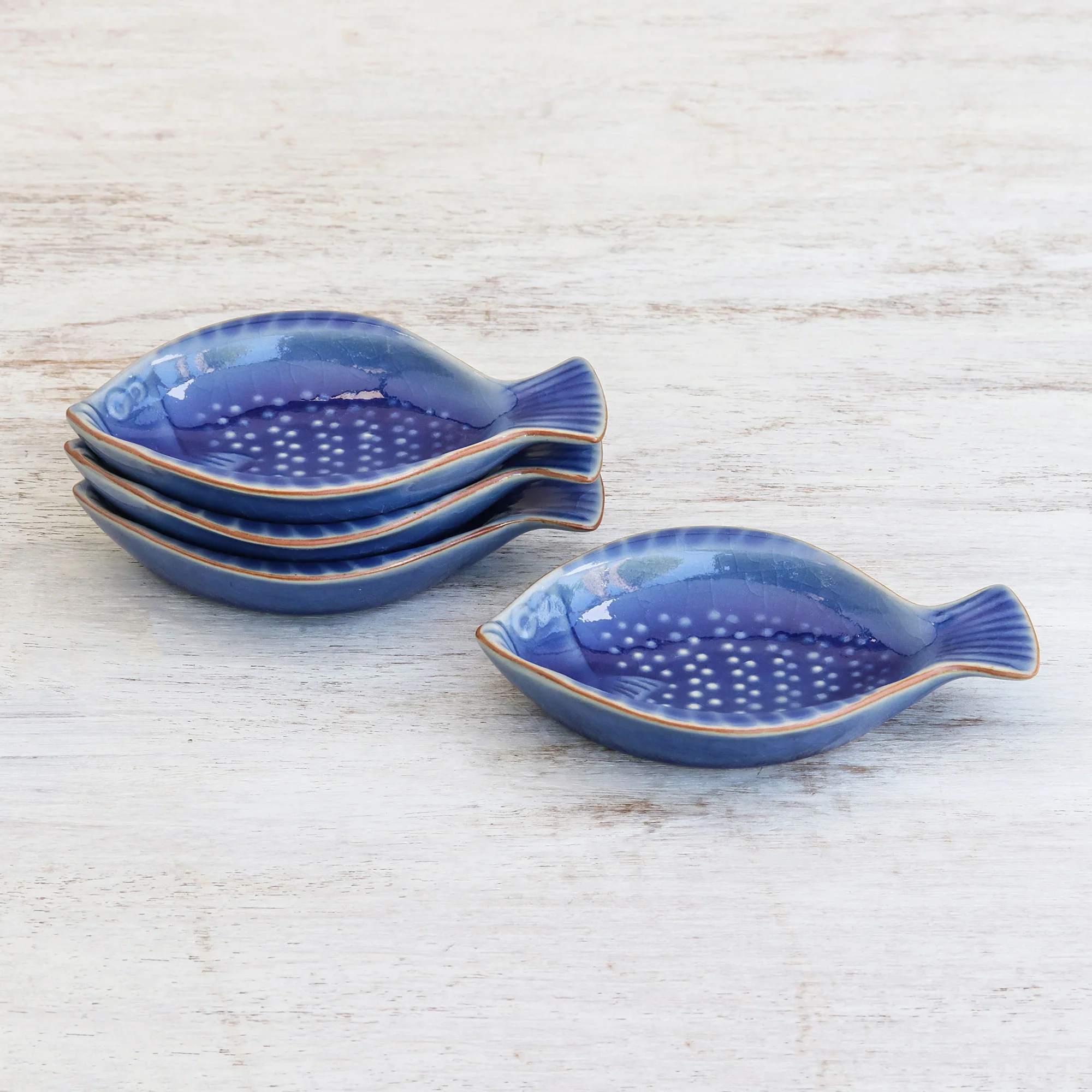 Festive Fish Fish-Shaped Blue Ceramic Appetizer Bowls (Set of 4) - Image 3