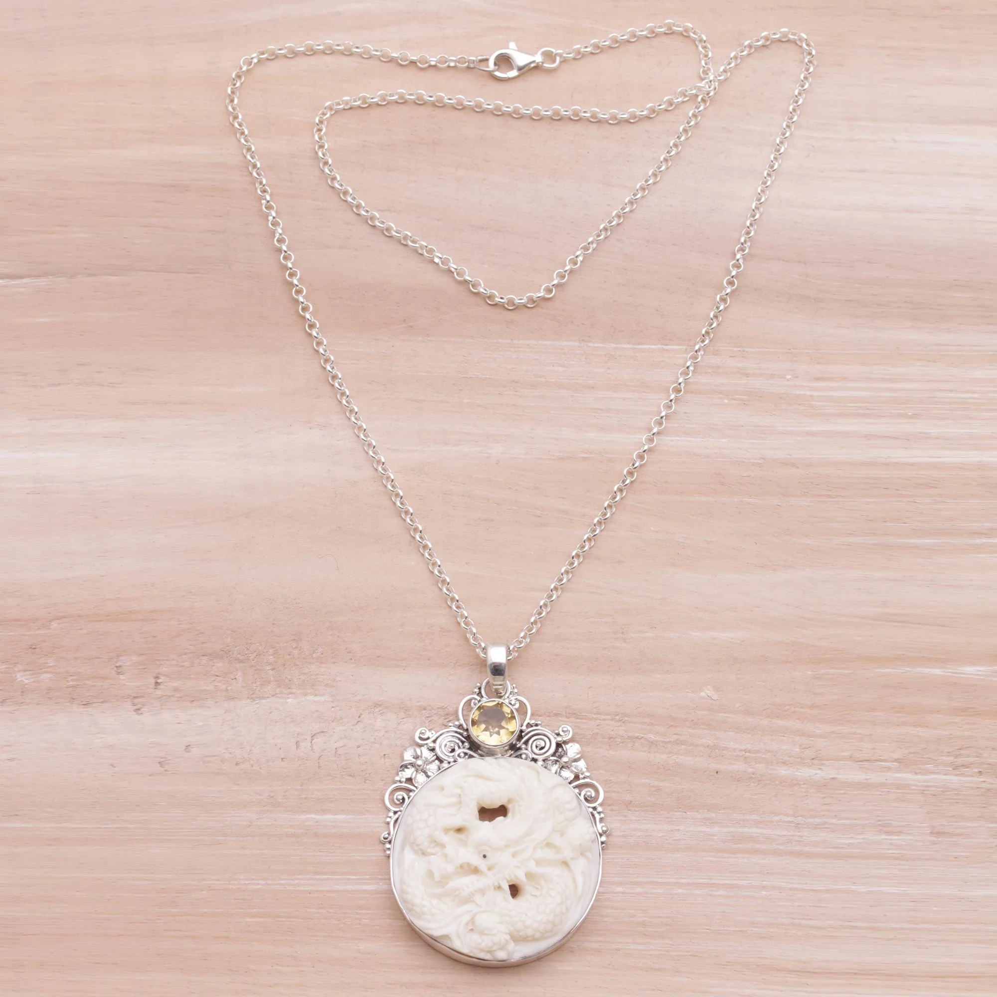 Fiery Antaboga Citrine and Bone Dragon Pendant Necklace from Bali - Image 3