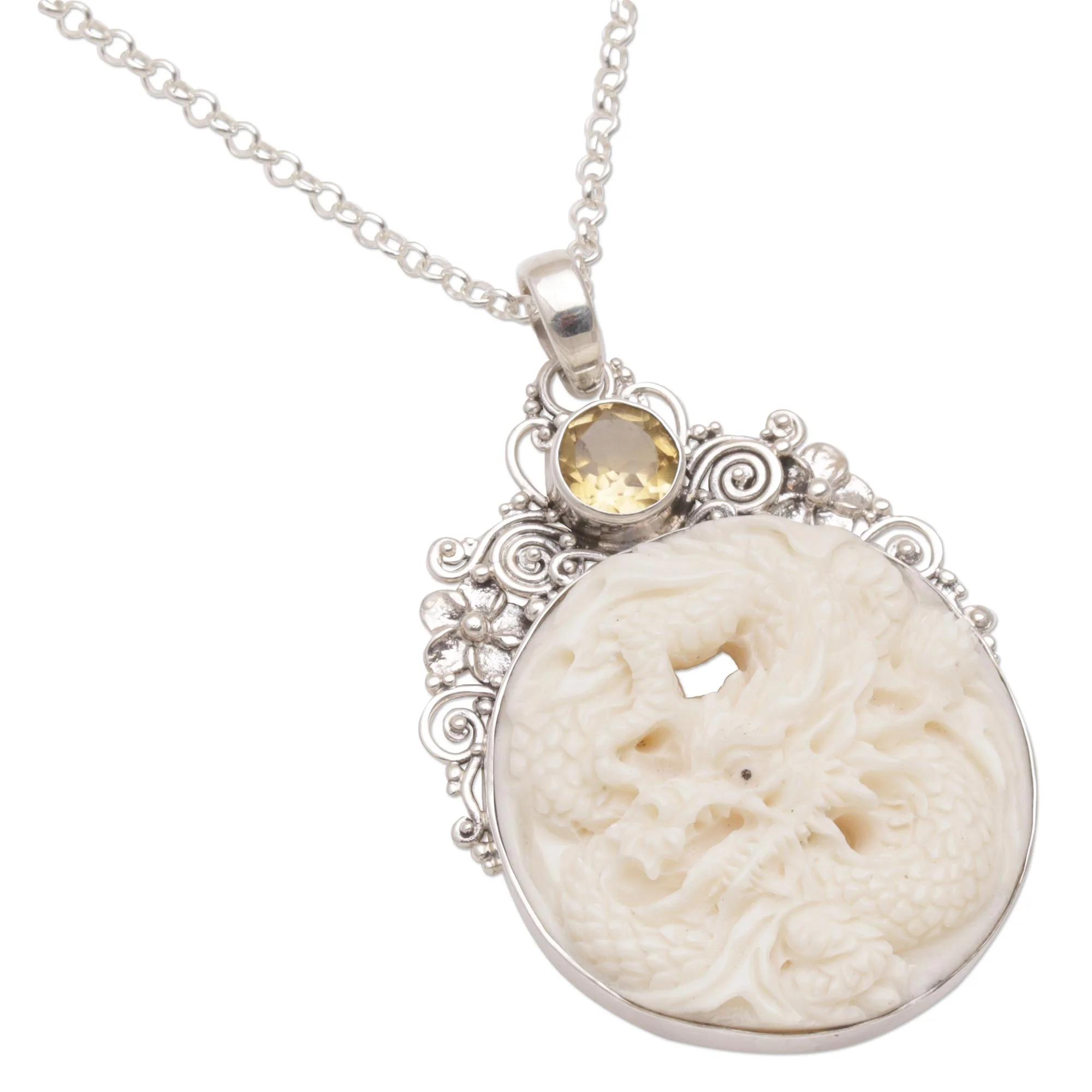 Fiery Antaboga Citrine and Bone Dragon Pendant Necklace from Bali - Image 4