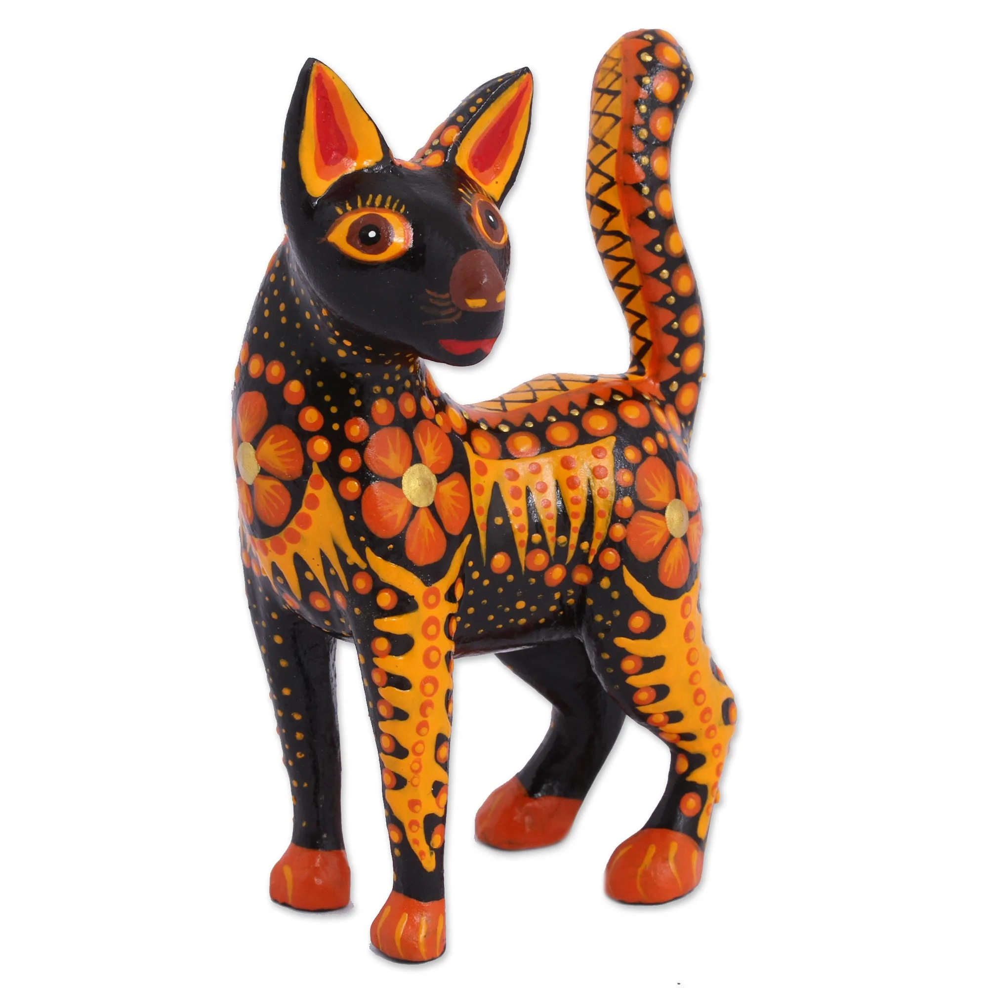 Fiery Cat Wood Alebrije Cat Figurine in Orange from Mexico - Image 3