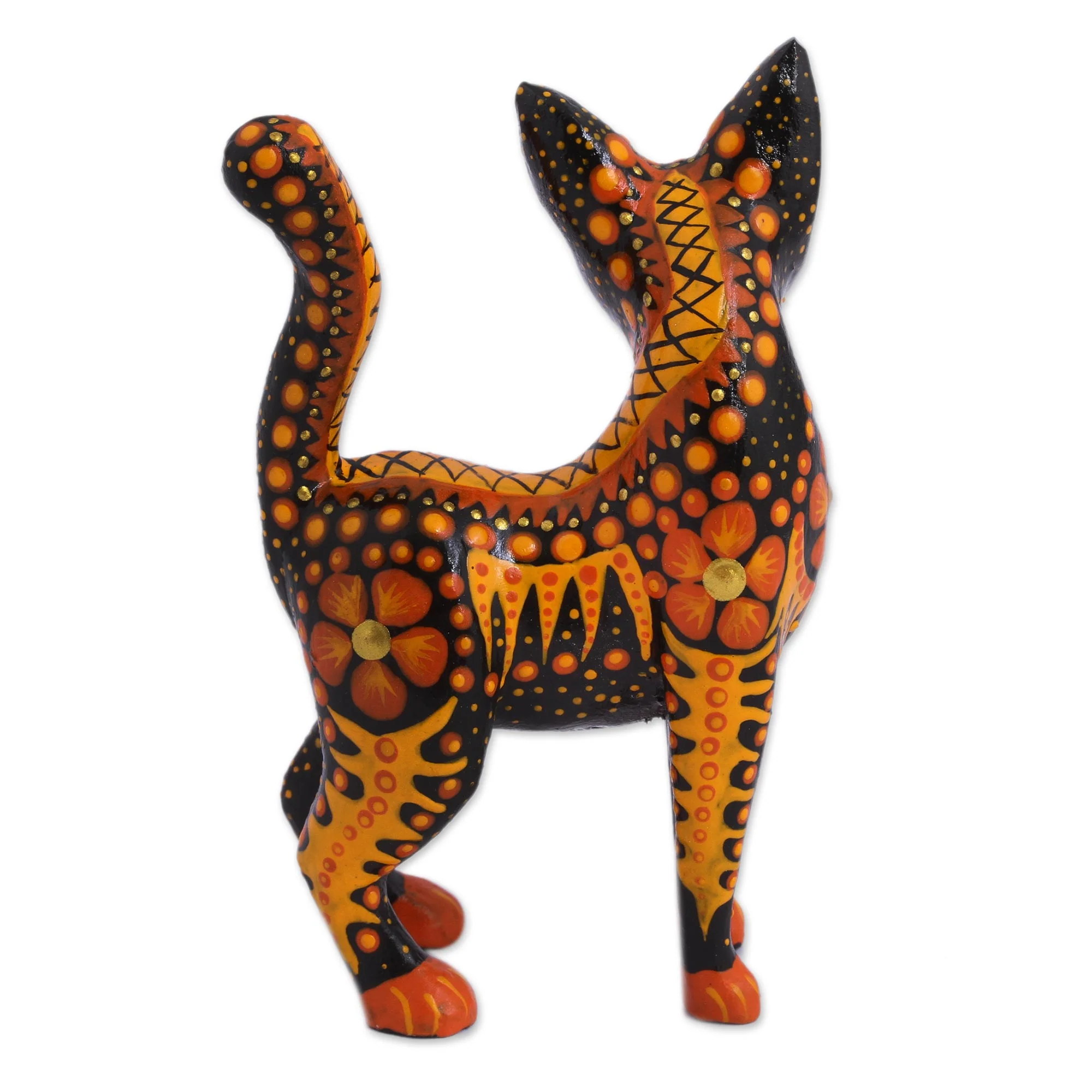 Fiery Cat Wood Alebrije Cat Figurine in Orange from Mexico - Image 4