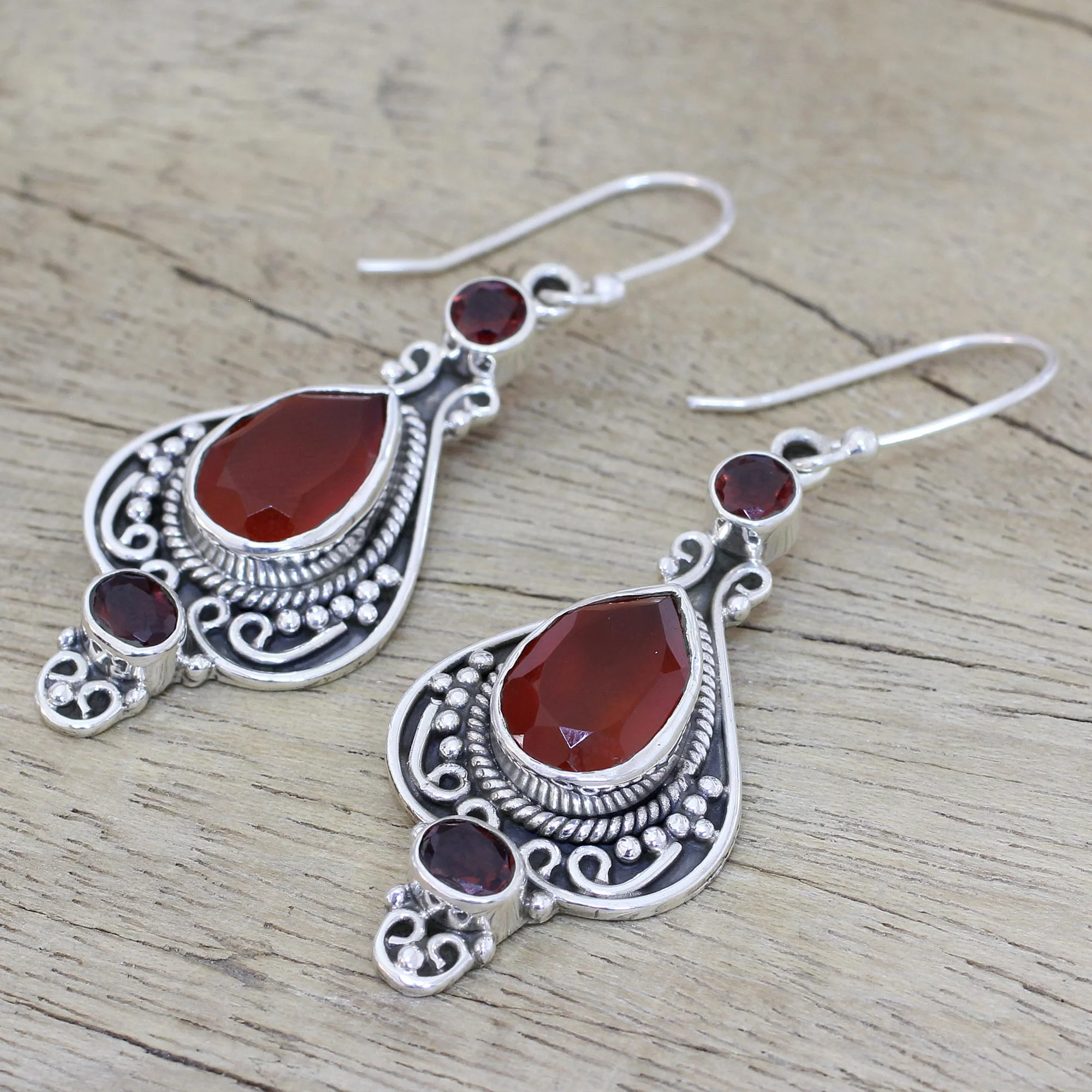 Fiery Glow Carnelian Garnet and Sterling Silver Indian Dangle Earrings - Image 3