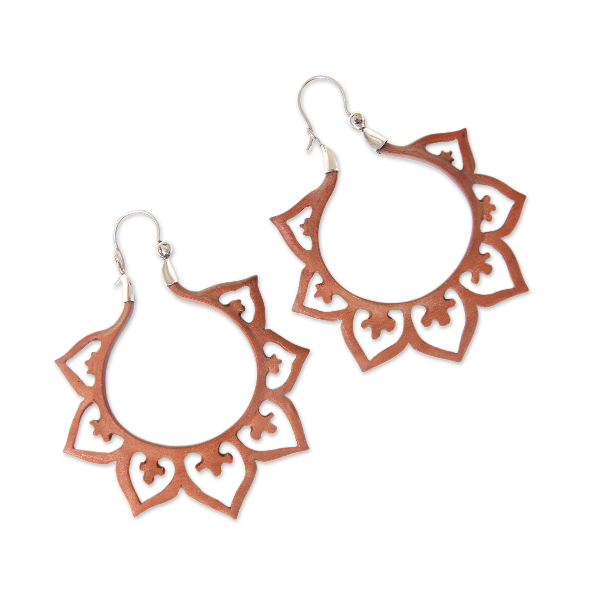 Fiery Lotus Balinese Wood and Sterling Silver Handmade Hoop Earrings - Image 3