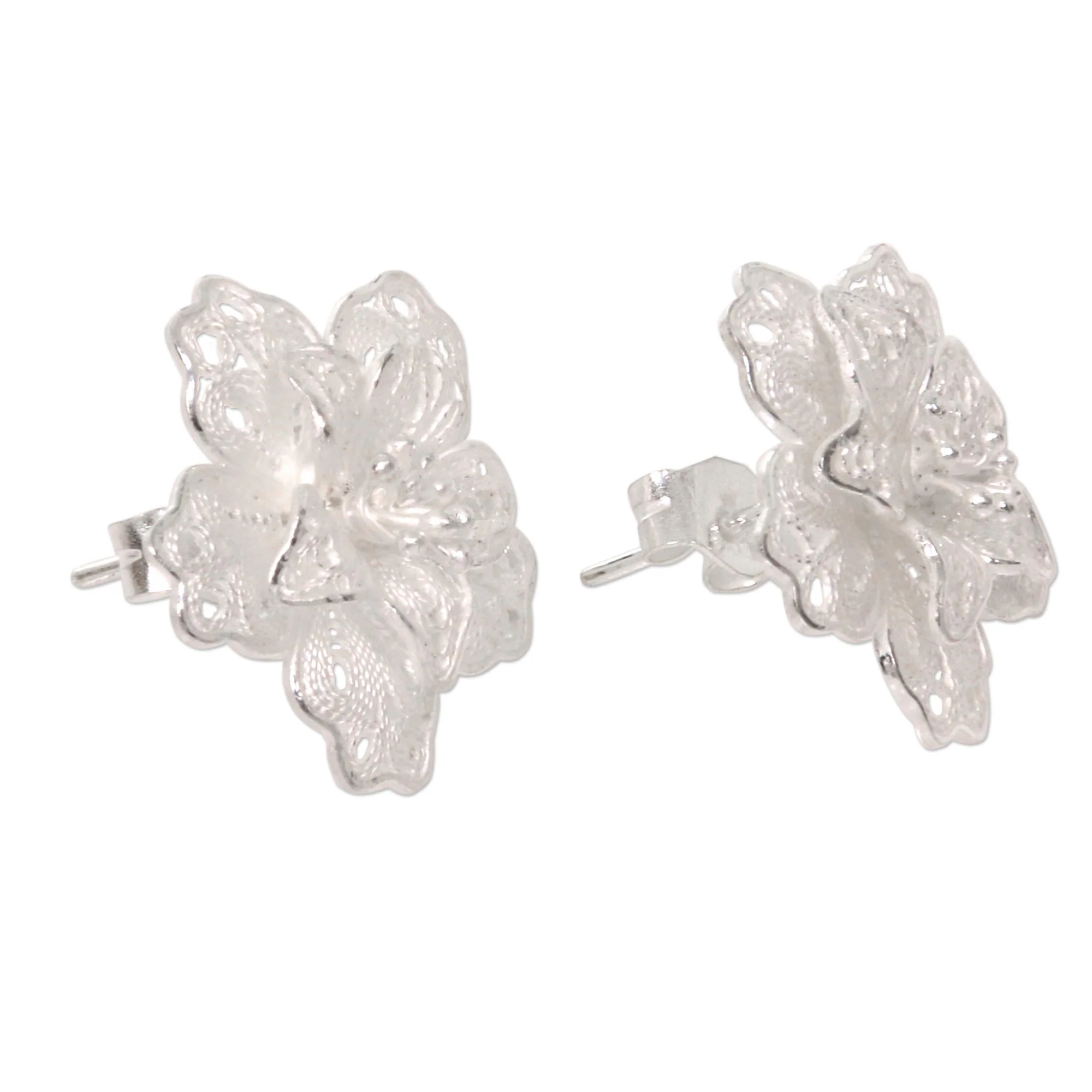 Filigree Magnolia Silver Button Earrings - Image 3