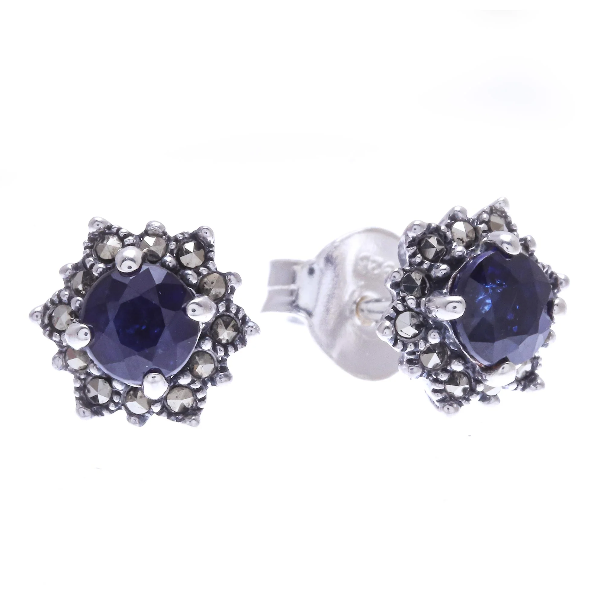 Firefly in Blue Hand Crafted Sapphire and Marcasite Stud Earrings - Image 4