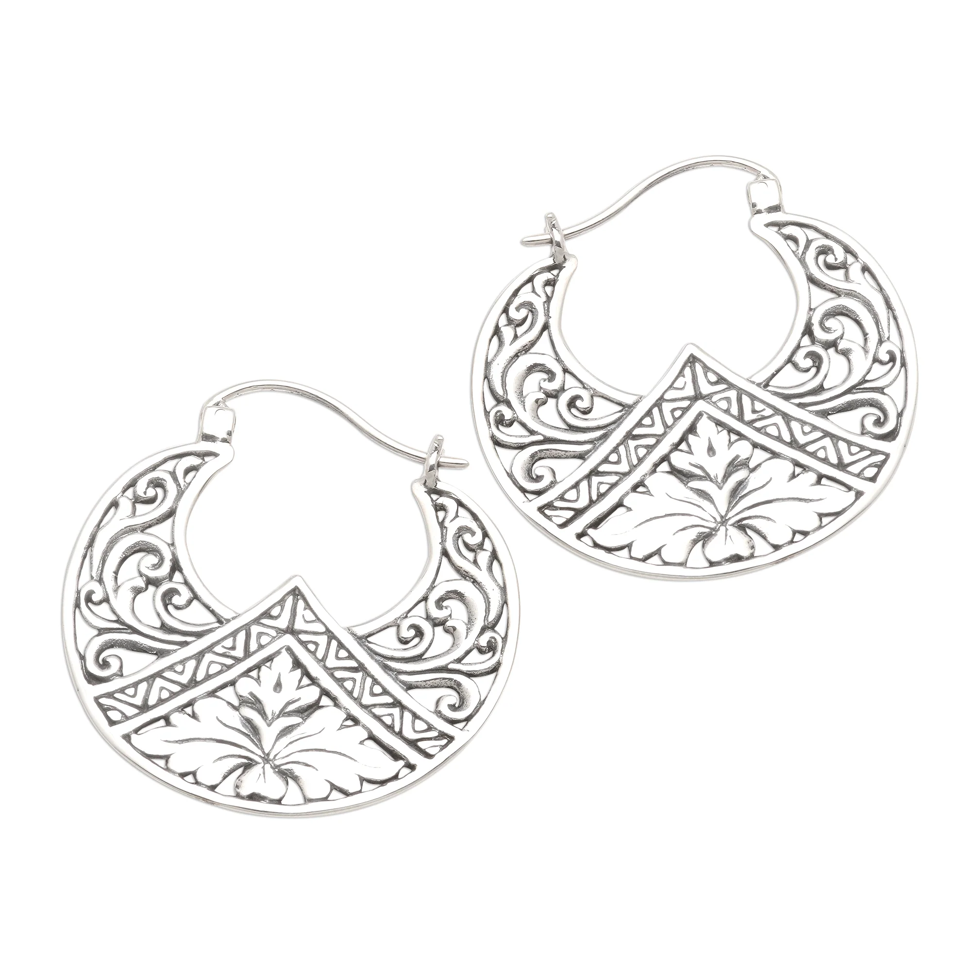 Flame Flower Sterling Silver Floral Theme Hoop Earrings from Bali - Image 4