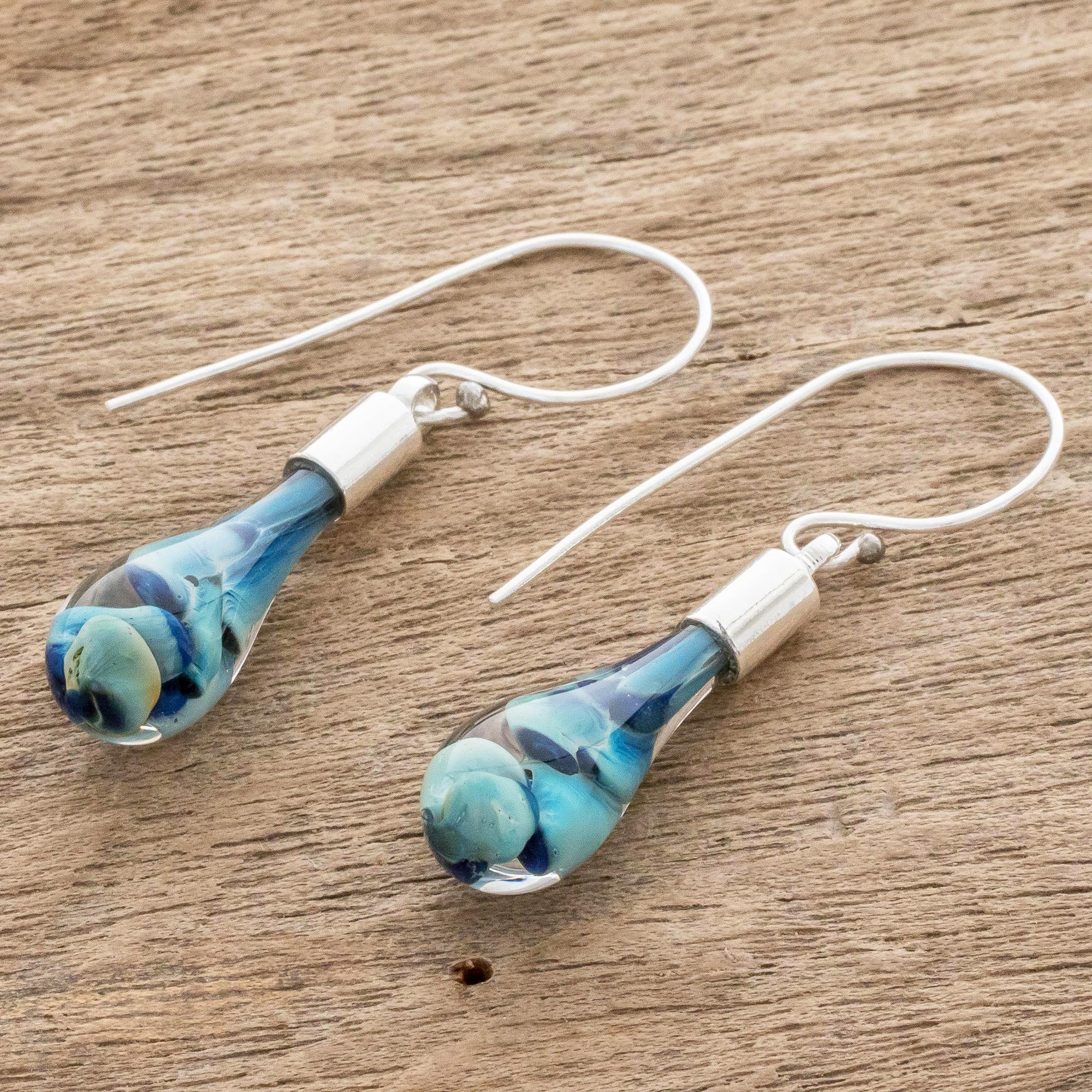 Flirty Waves Blue Art Glass Dangle Earrings from Costa Rica - Image 3