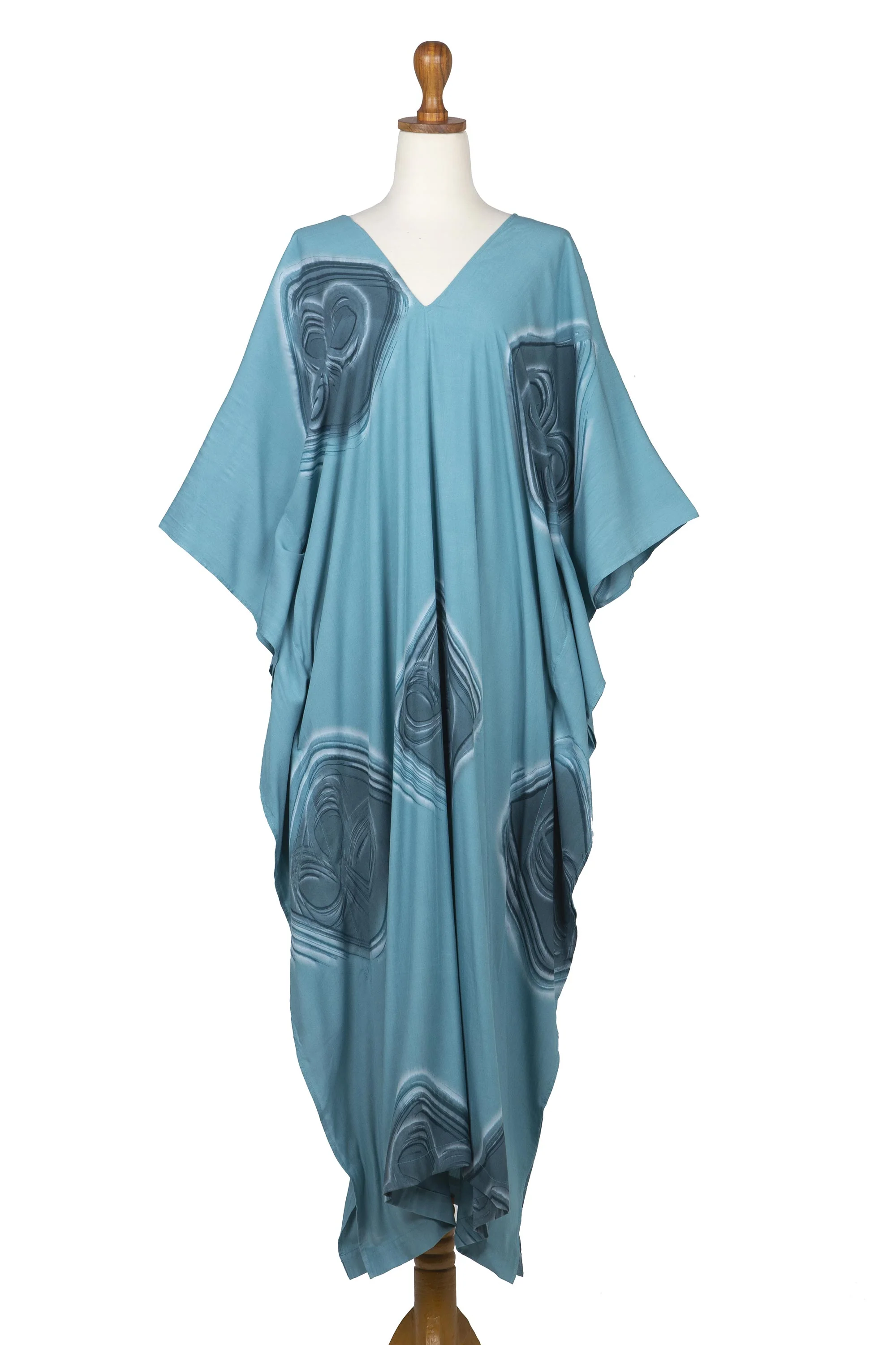 Floating Blue Hand-Painted Rayon Caftan from Bali - Image 2