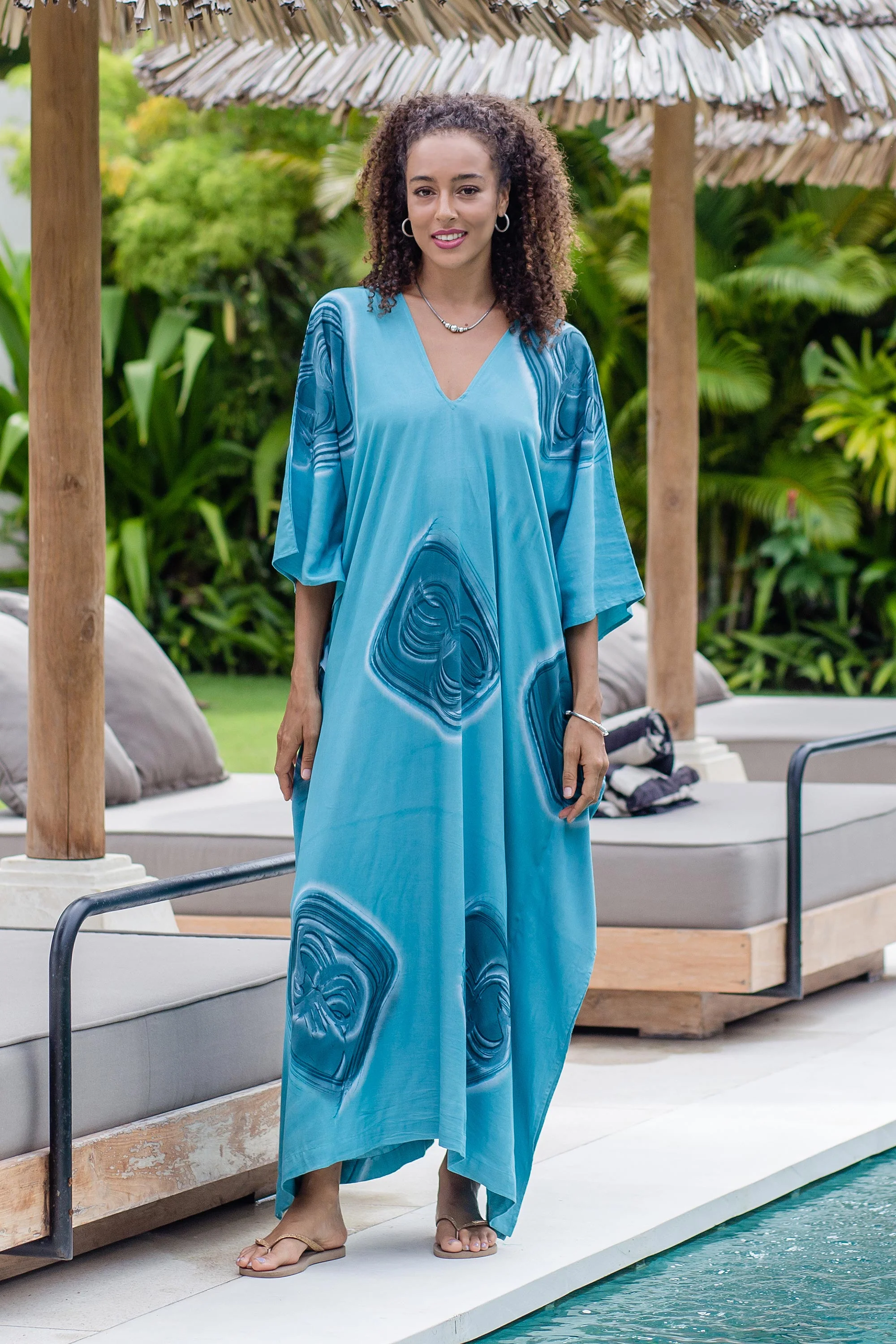Floating Blue Hand-Painted Rayon Caftan from Bali - Image 3