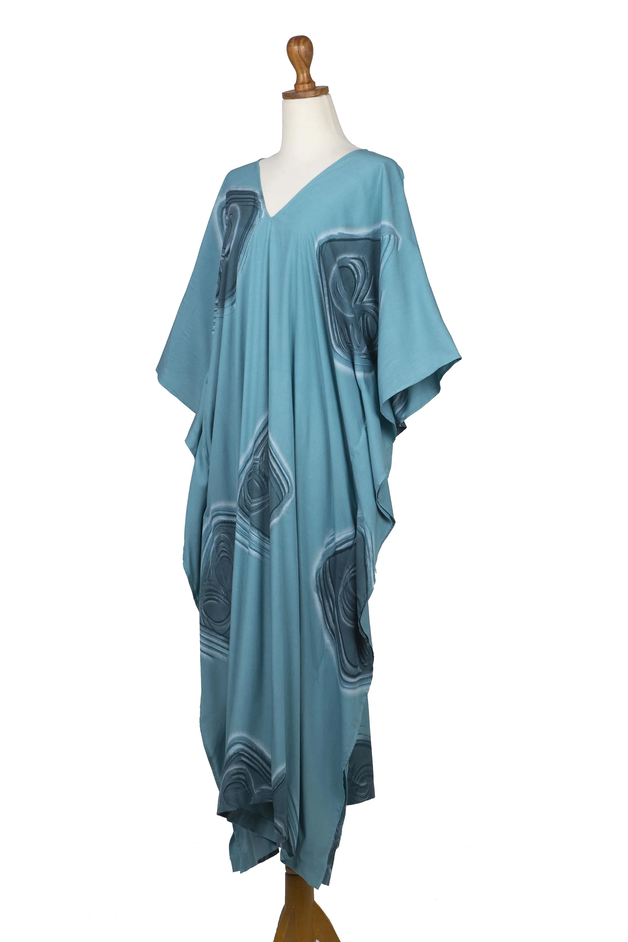 Floating Blue Hand-Painted Rayon Caftan from Bali - Image 4