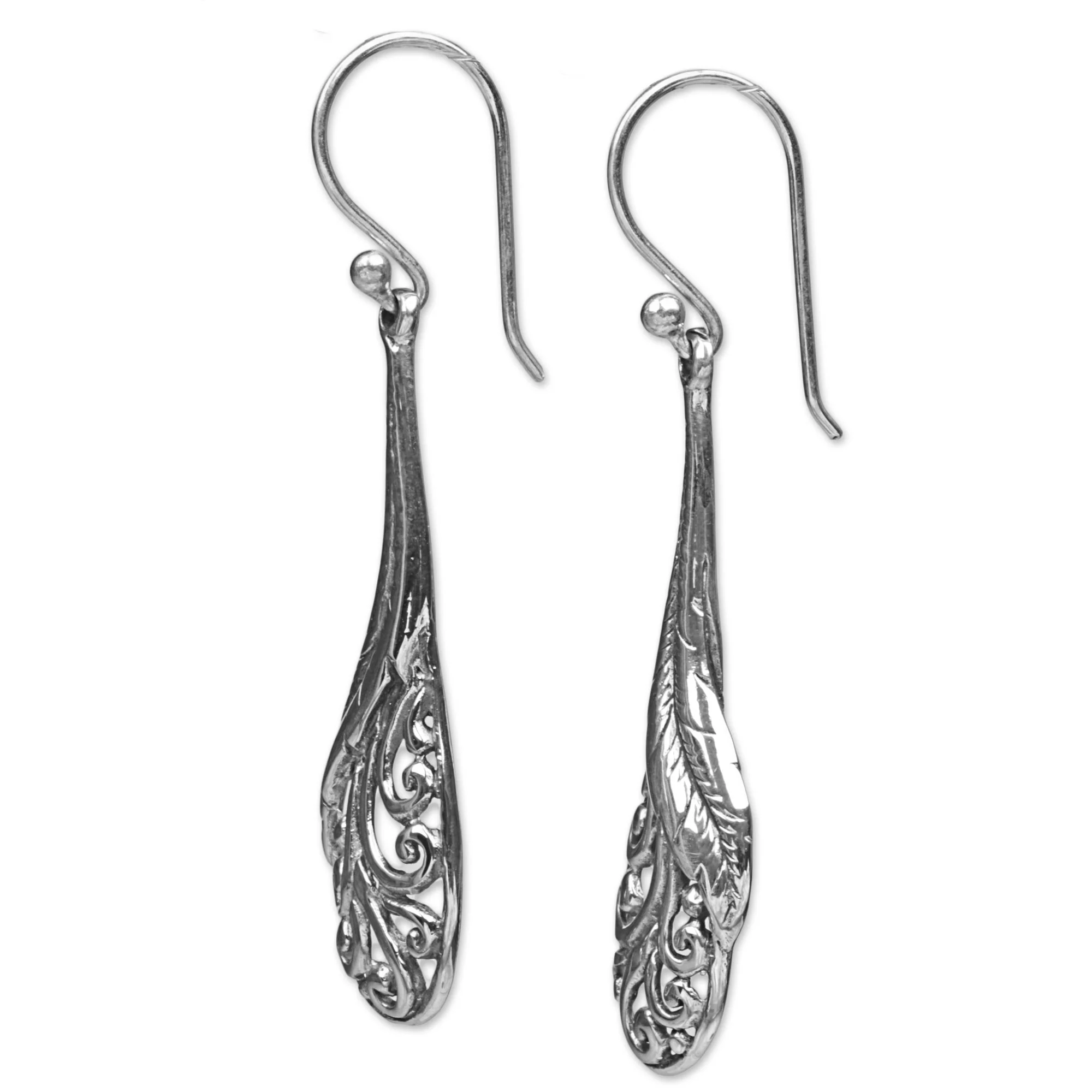 Floating Peacock Feathers Hand Made Sterling Silver Feather Dangle Earrings Indonesia - Image 5