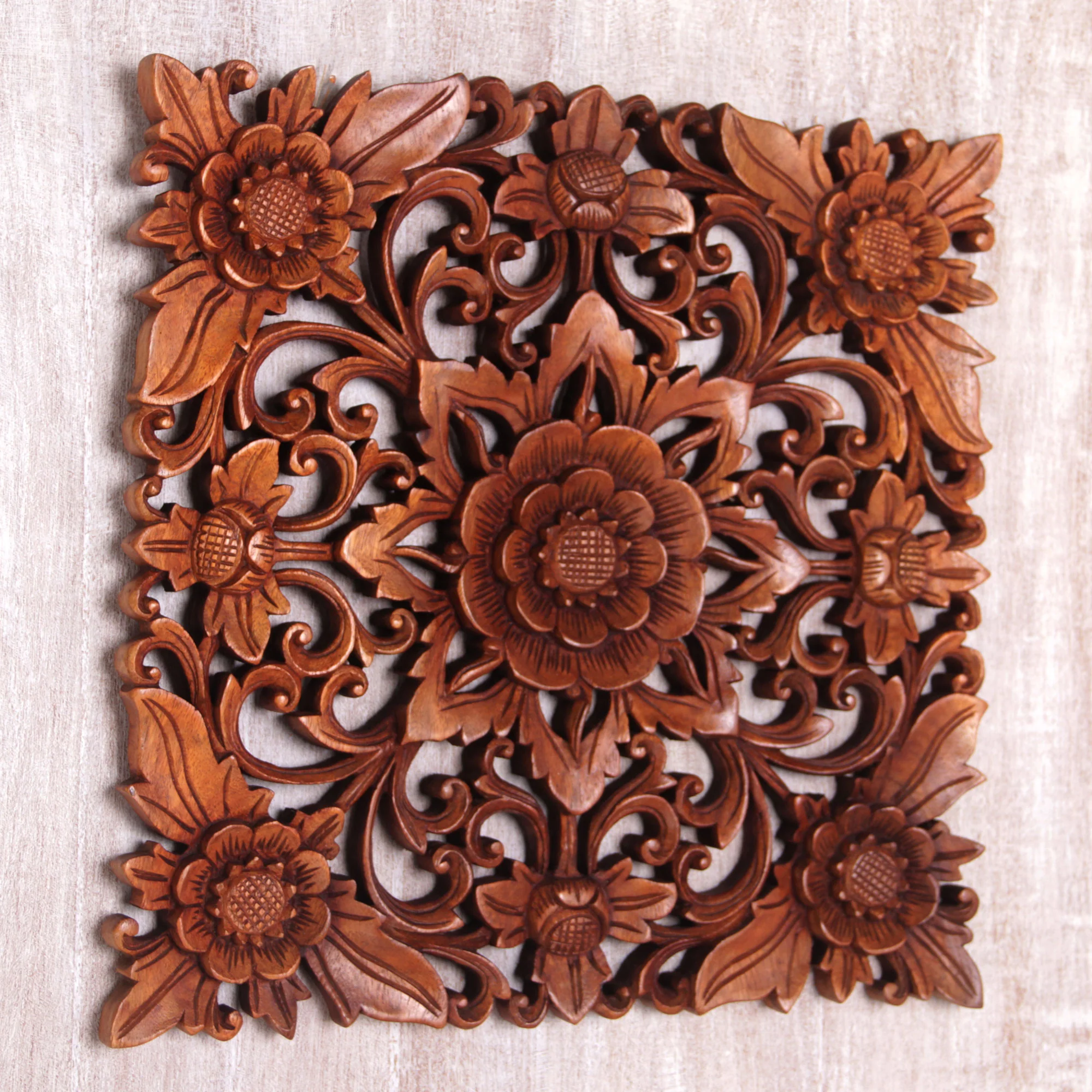 Floral Adornment Hand Carved Suar Wood Floral Wall Relief Panel - Image 3