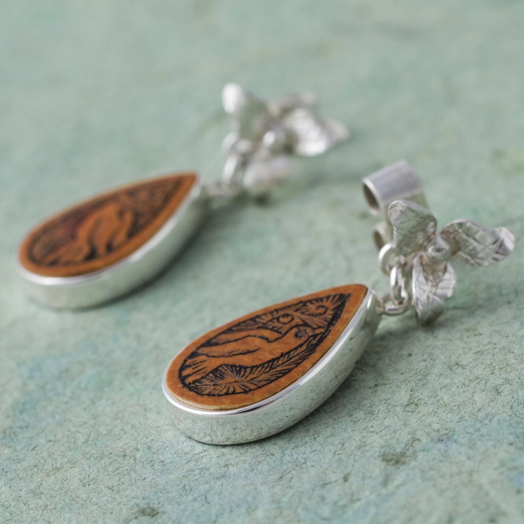 Floral Birds Bird Themed Mate Gourd 925 Silver Dangle Earrings from Peru - Image 3