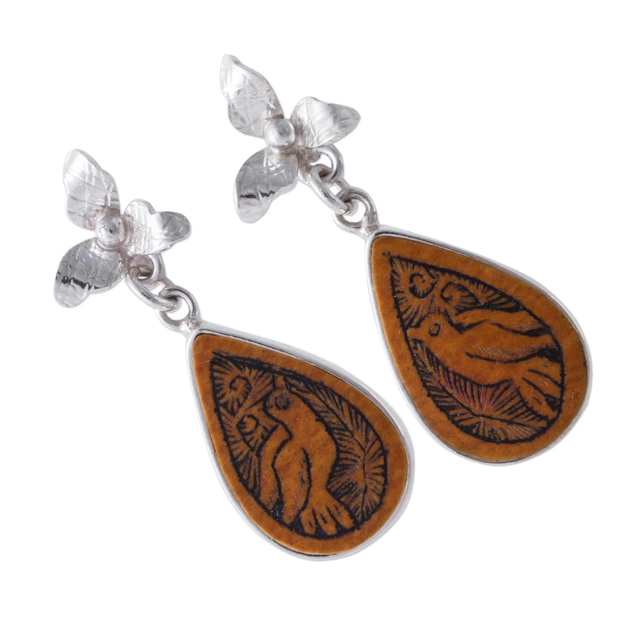 Floral Birds Bird Themed Mate Gourd 925 Silver Dangle Earrings from Peru - Image 5