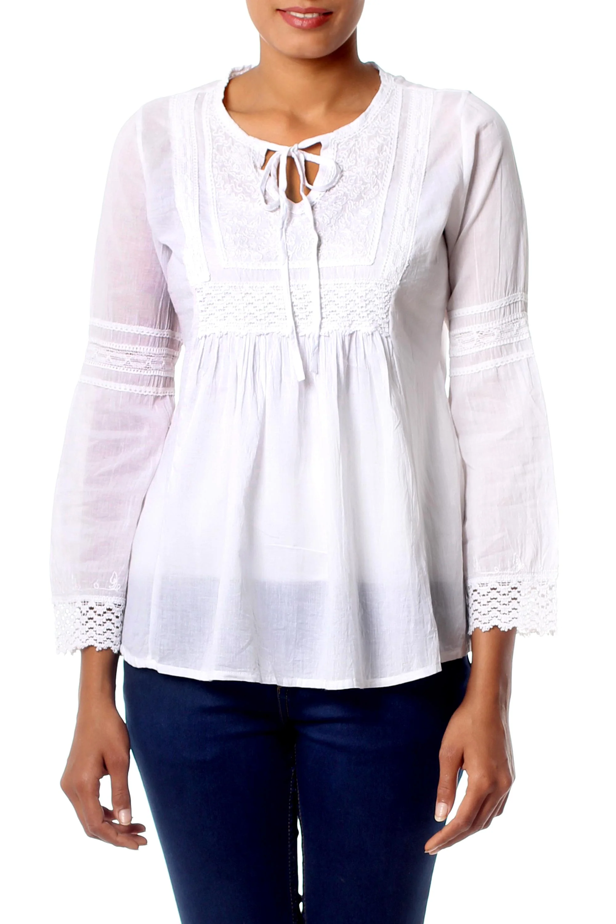 Floral Clouds White Cotton Blouse Top Long Sleeve - Image 2