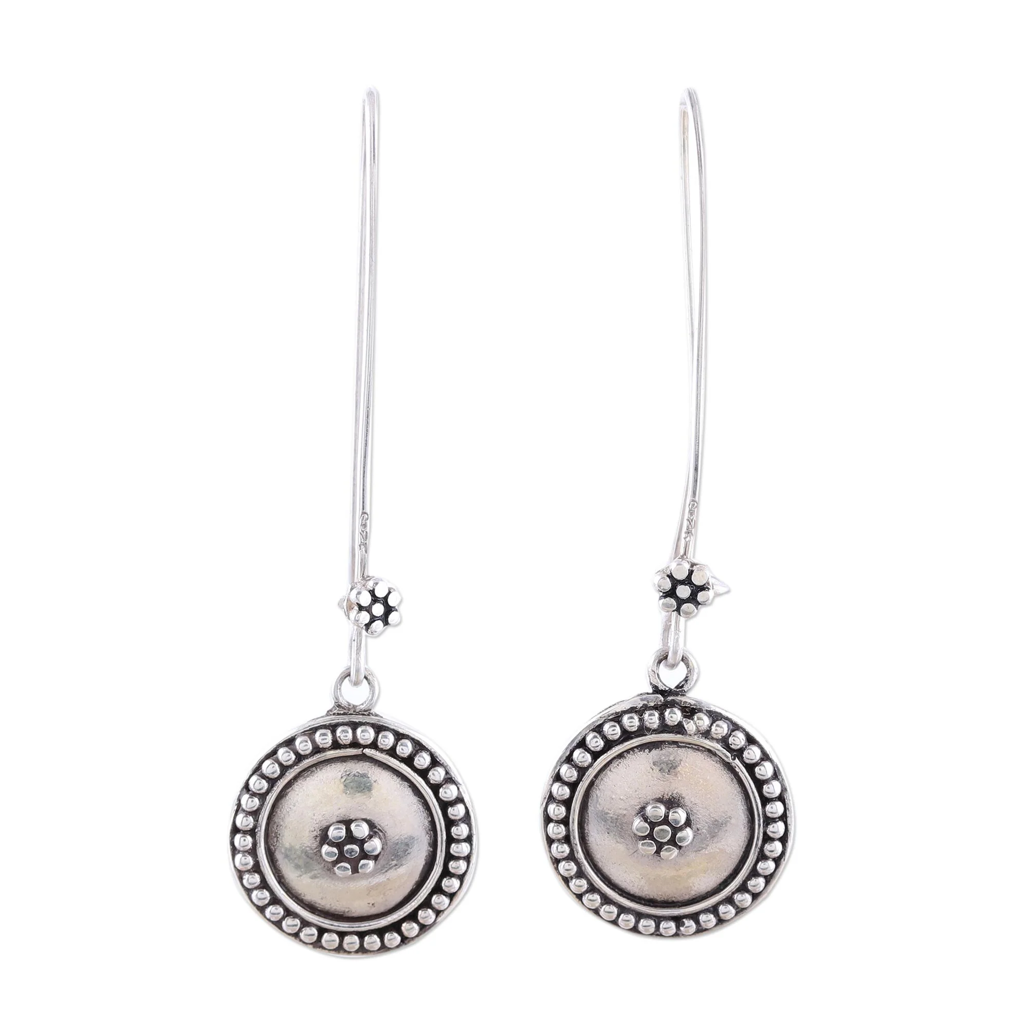 Floral Coin Sterling Silver Dotted Floral Medallion Dangle Earrings - Image 2