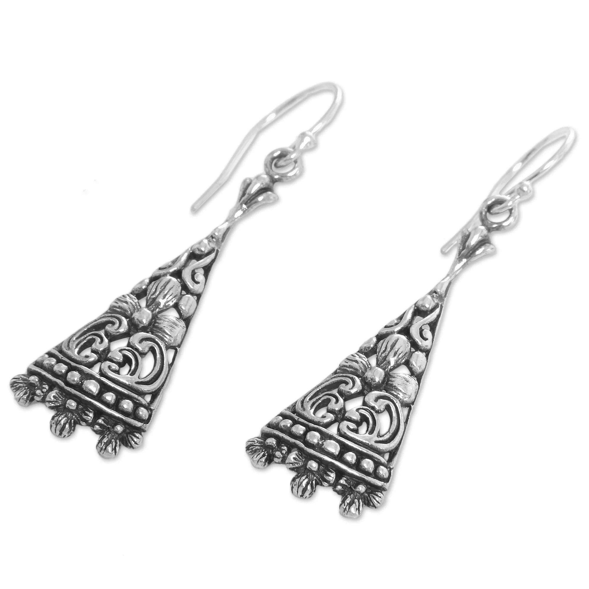 Floral Courage Triangular Floral Sterling Silver Dangle Earrings from Bali - Image 3