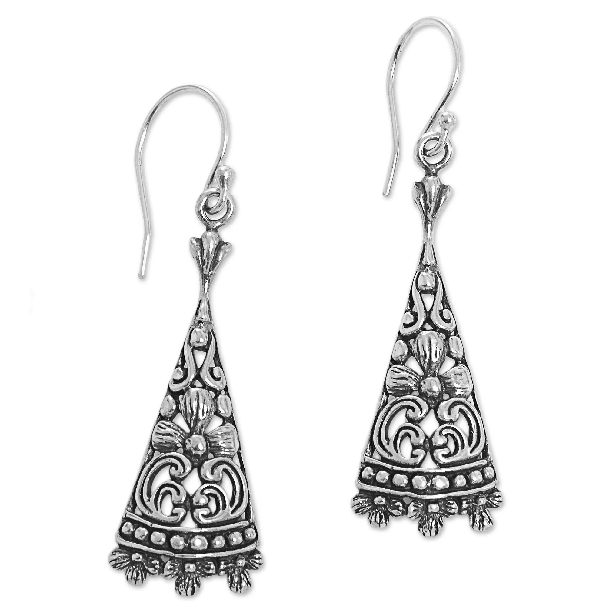 Floral Courage Triangular Floral Sterling Silver Dangle Earrings from Bali - Image 4