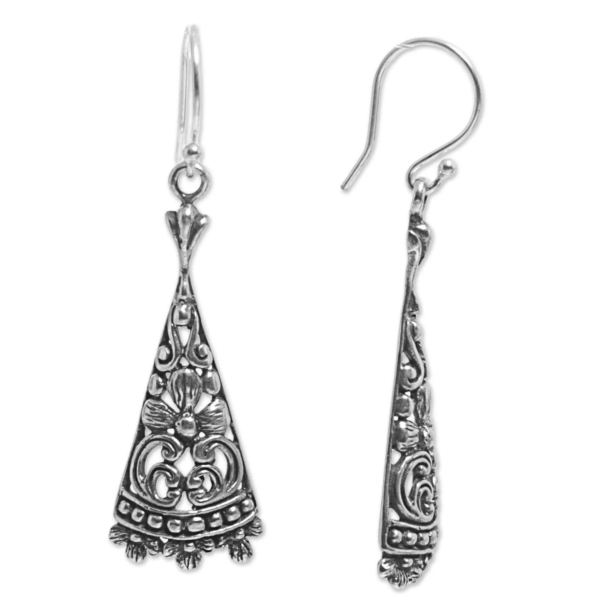 Floral Courage Triangular Floral Sterling Silver Dangle Earrings from Bali - Image 5