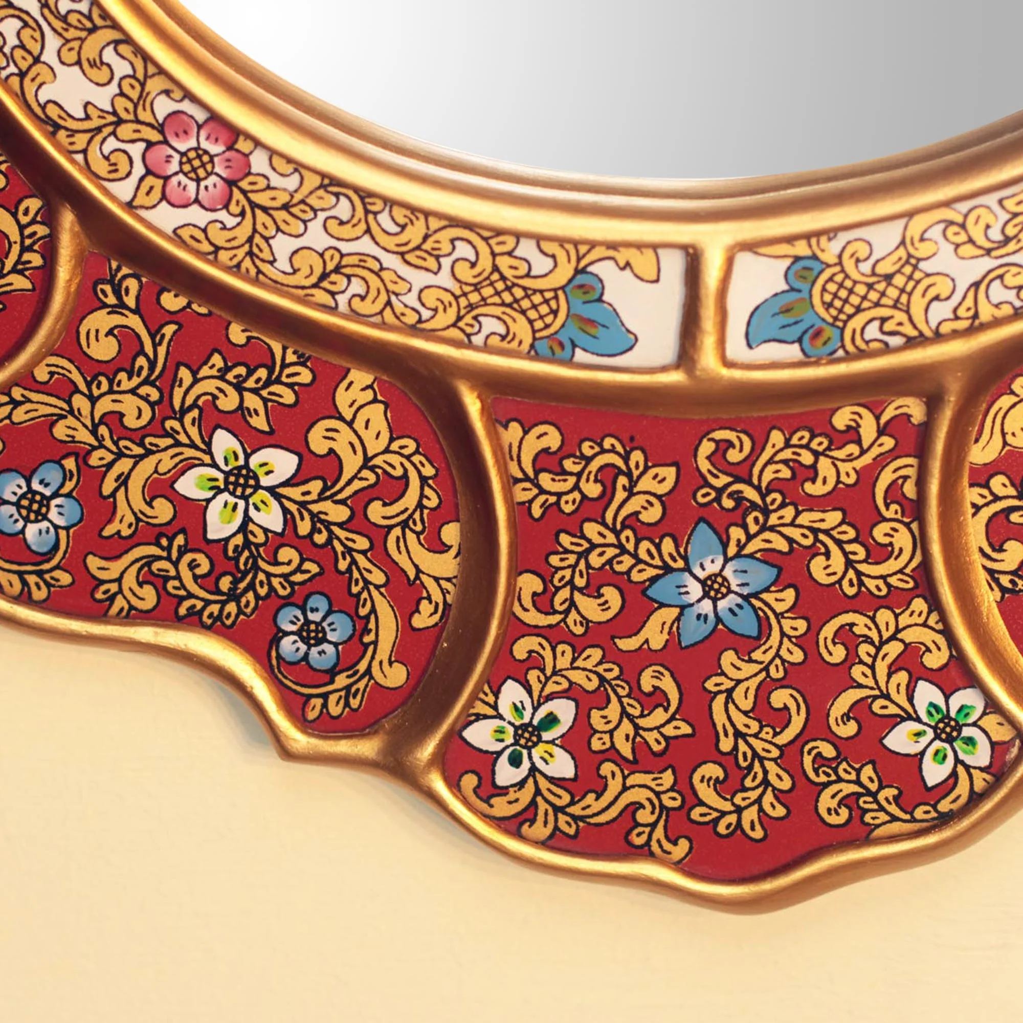Floral Crimson Unique Red and Gold Reverse Painted Glass Wall Mirror - Image 3