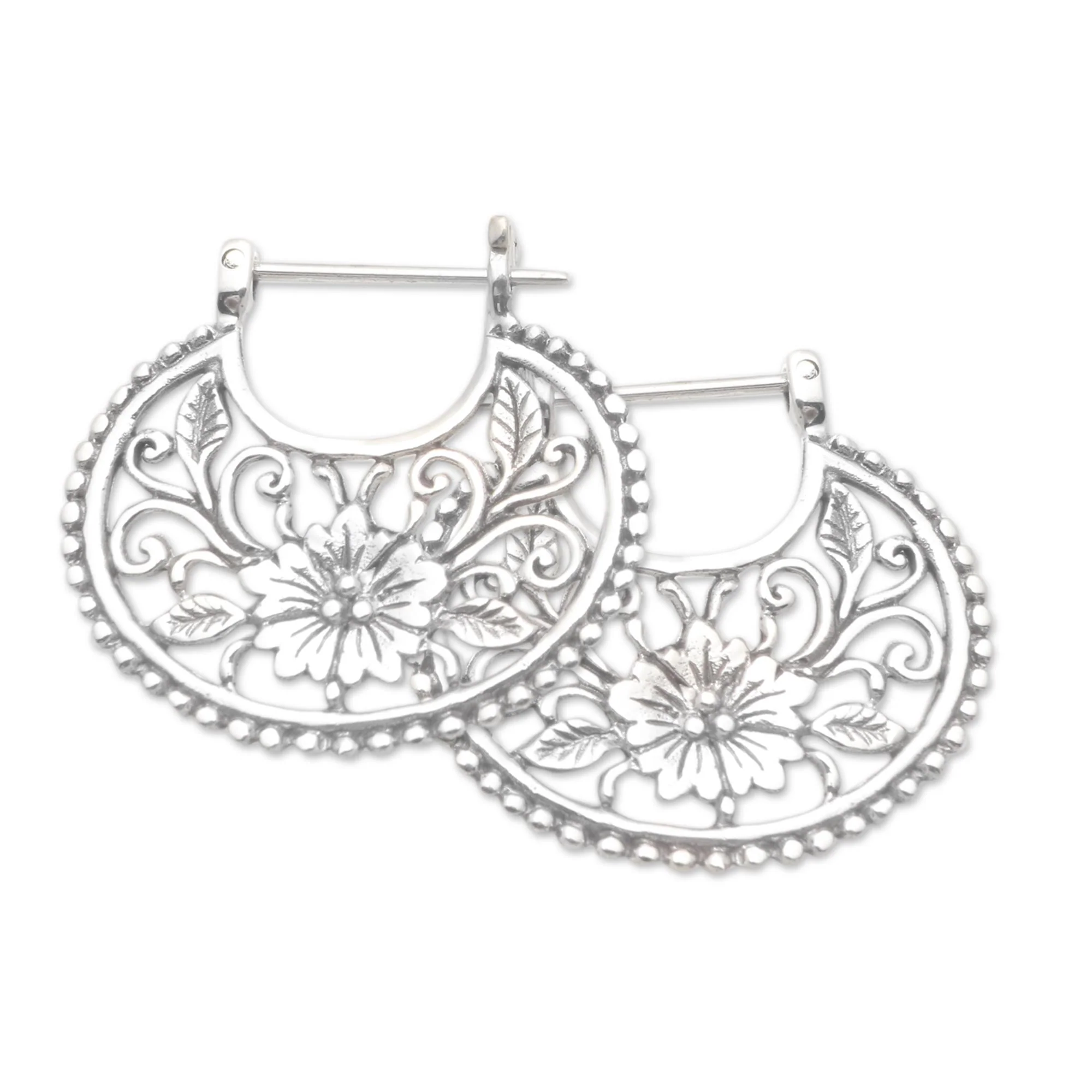 Floral Curves Balinese Sterling Silver Hoop Earrings - Image 3