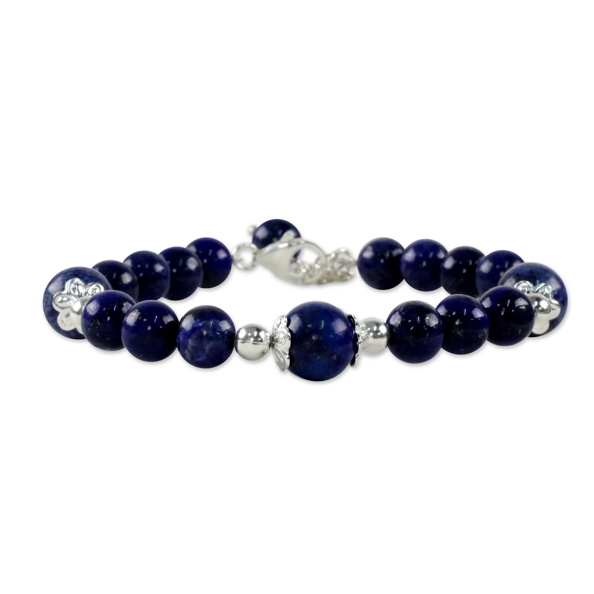 Floral Deep Thai Lapis Lazuli and Sterling Silver Beaded Bracelet - Image 5