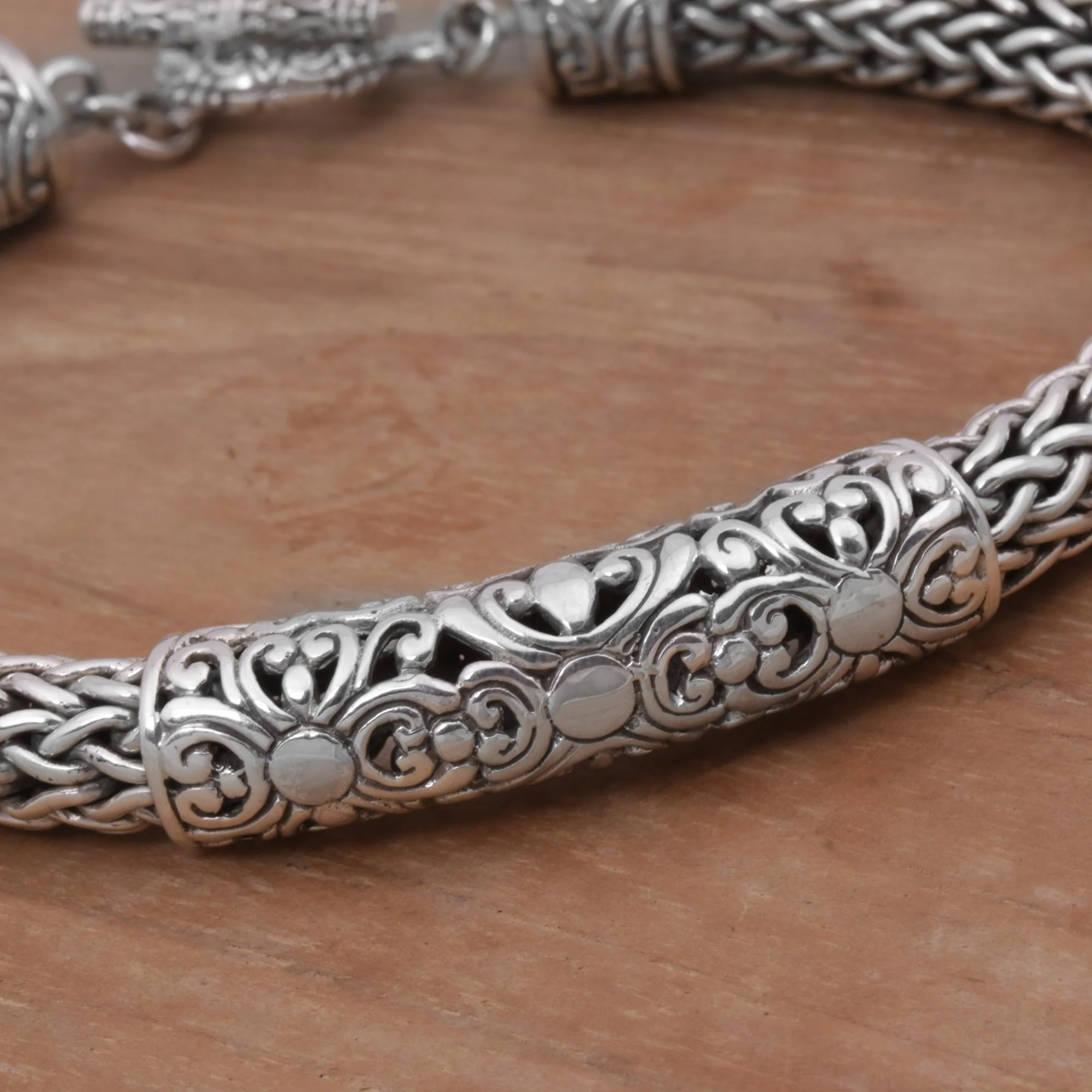 Floral Dragon Artisan Braided Sterling Silver Floral Pendant Bracelet - Image 4