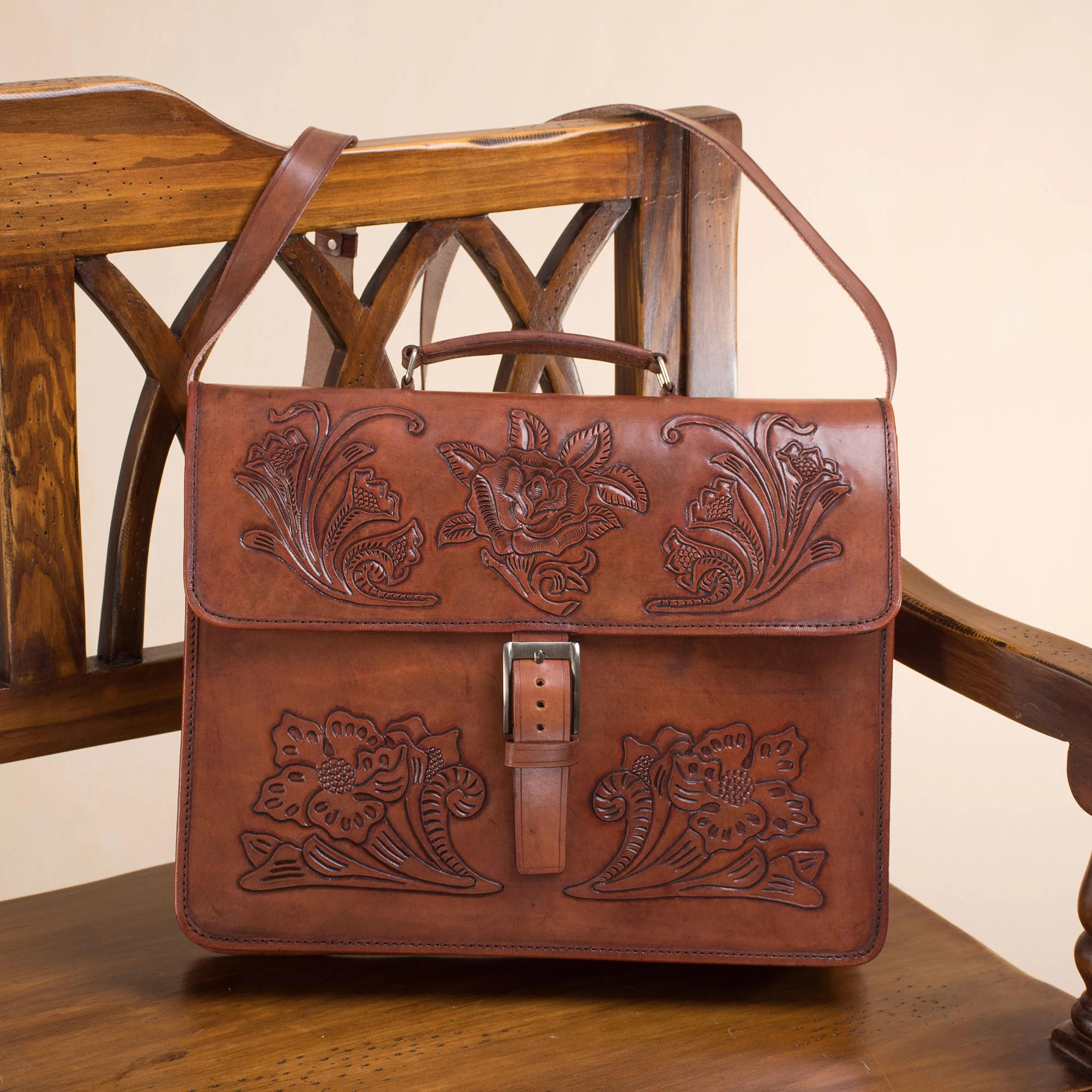 Floral Executive Handcrafted Floral Leather Handbag from Peru - Image 3