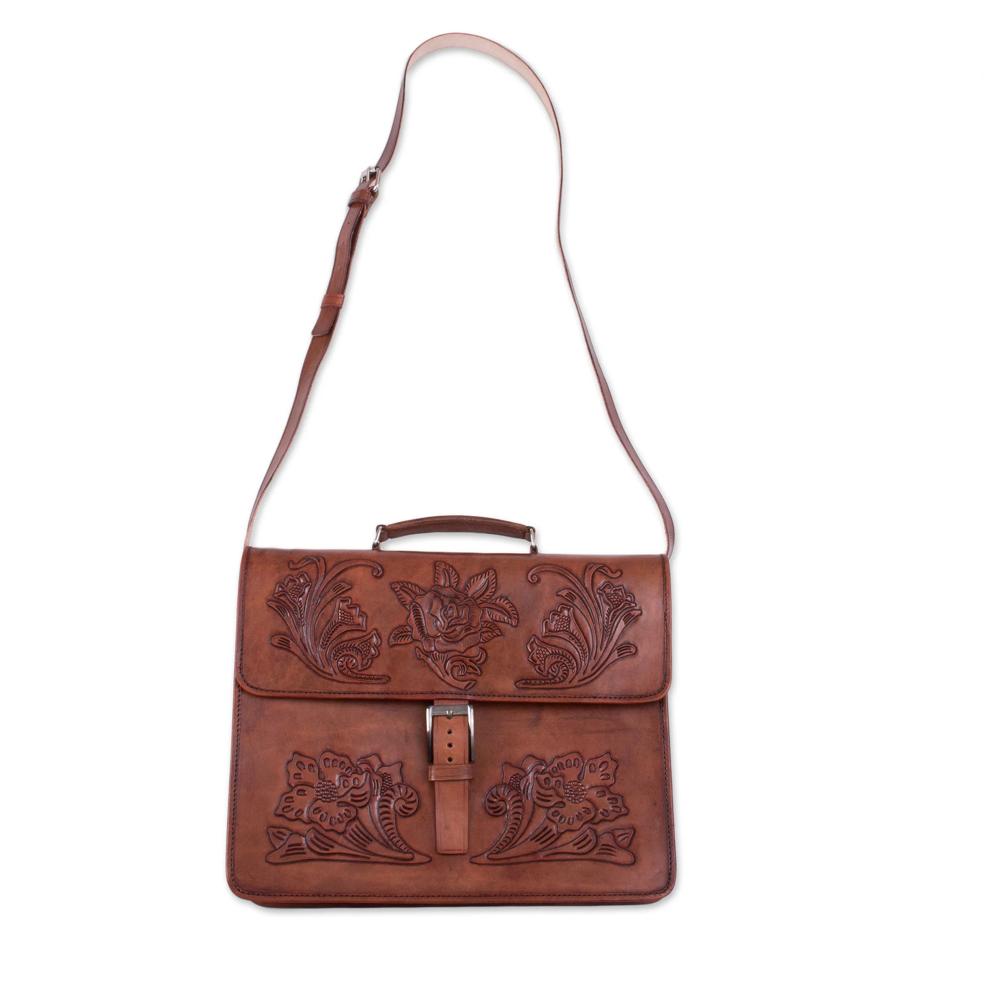 Floral Executive Handcrafted Floral Leather Handbag from Peru - Image 4